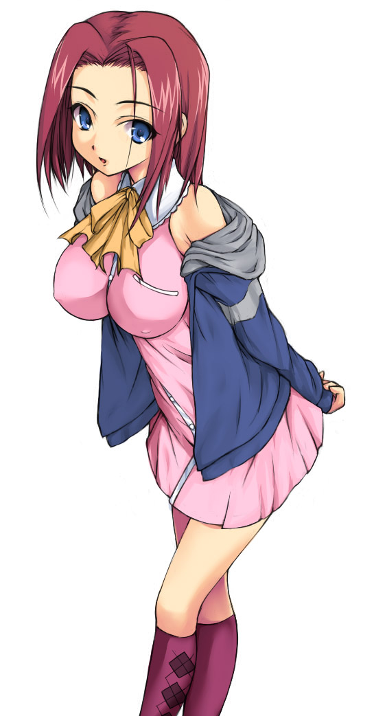 waku, waku (artist), kouzuki kallen, code geass, 00s, 1girl, blue eyes, breasts, casual, covered erect nipples, dress, female focus, jacket, large breasts, red hair, short hair, solo