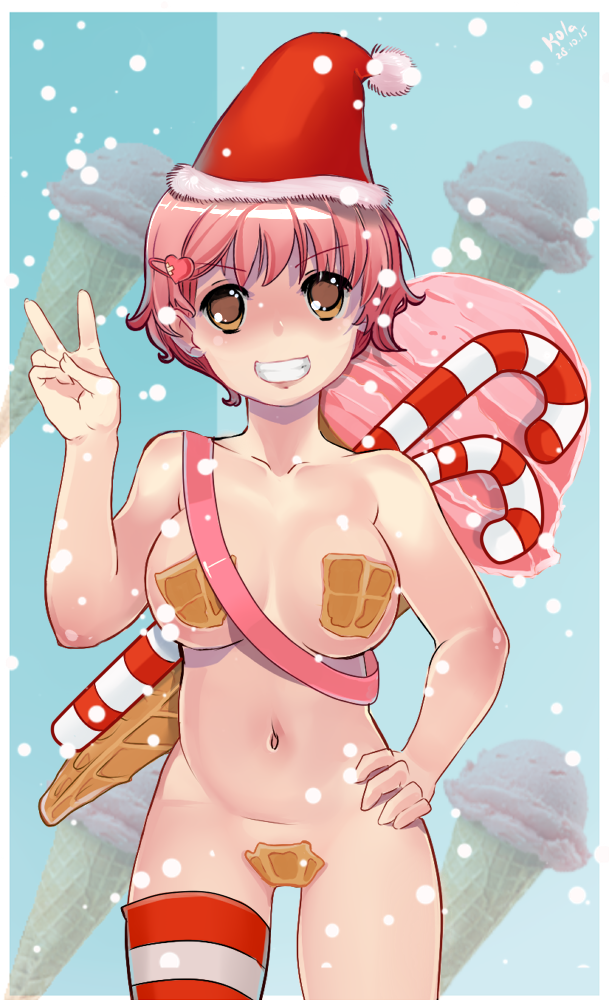 kola411, mikado shiina, katawa shoujo, commentary, english commentary, 1girl, artist name, belt, border, breasts, brown eyes, candy, candy cane, convenient censoring, cowboy shot, dated, food, grin, hair ornament, hairclip, hand on own hip, hat, heart, heart hair ornament, ice cream, ice cream cone, looking at viewer, maebari, navel, nude, official alternate hair length, official alternate hairstyle, pasties, photo background, pink hair, red hat, santa hat, short hair, signature, single thighhigh, smile, snowing, solo, stomach, strap, striped clothes, striped thighhighs, teeth, thighhighs, timestamp, two-tone thighhighs, v, very short hair, waffle, waffle cone, white border