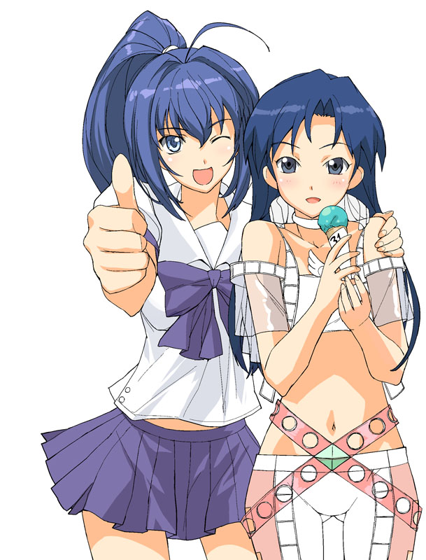 a1 (initial-g), hayase mitsuki, kisaragi chihaya, idolmaster, idolmaster (classic), kimi ga nozomu eien, unfinished, 00s, blue eyes, blue hair, cosmic & funny (idolmaster), crossover, food, ice cream, long hair, midriff, one eye closed, ponytail, purple eyes, school uniform, serafuku, wink