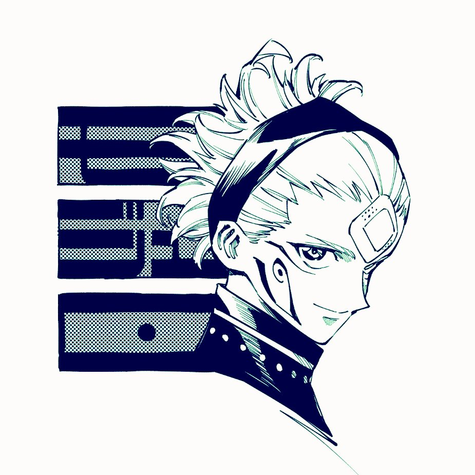 official art, 1boy, bandaid, bandaid on face, bandaid on forehead, black hairband, copyright name, facial mark, hairband, iwasaki yuuji, jujutsu kaisen mojuro, male focus, marulu val vol yelvori, monochrome, portrait, short hair, simple background, smile, solo, white background