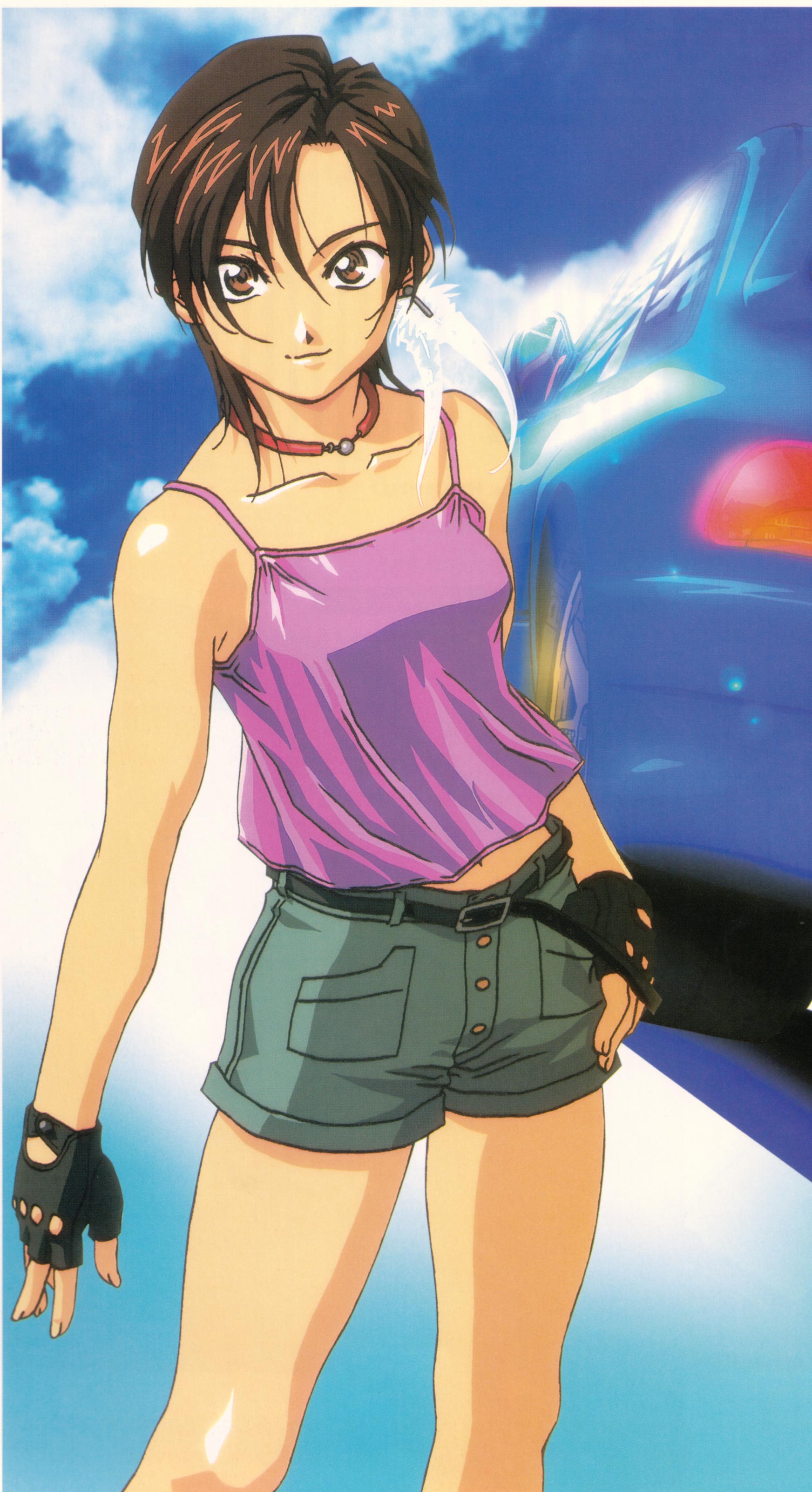 subaru, sakakino lisa, ex-driver, subaru (brand), subaru impreza, absurdres, highres, 00s, 1girl, brown eyes, brown hair, camisole, car, cloud, day, earrings, feathers, female focus, fingerless gloves, gloves, jewelry, motor vehicle, necklace, short hair, shorts, smile, solo