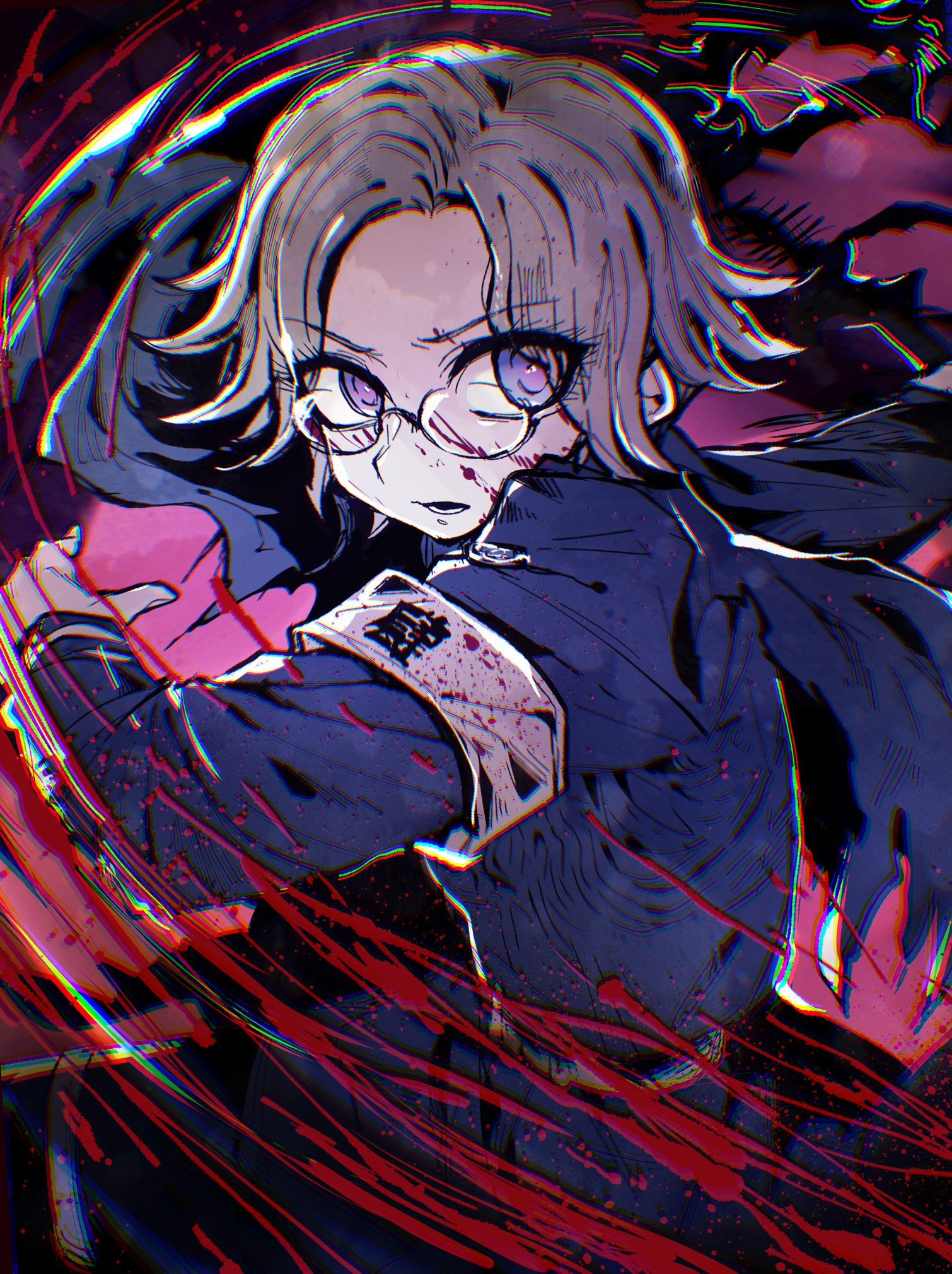 maguro no yukke, aotsuki eito, the hundred line -last defense academy-, commentary request, highres, 1boy, armband, belt, black cape, black jacket, blood, blood on clothes, blood on face, blood spray, blue eyes, cape, chromatic aberration, eyelashes, eyes visible through hair, glasses, grey hair, holding, holding weapon, jacket, last defense academy school uniform, male focus, open mouth, school uniform, short hair, solo, weapon, white armband, white belt