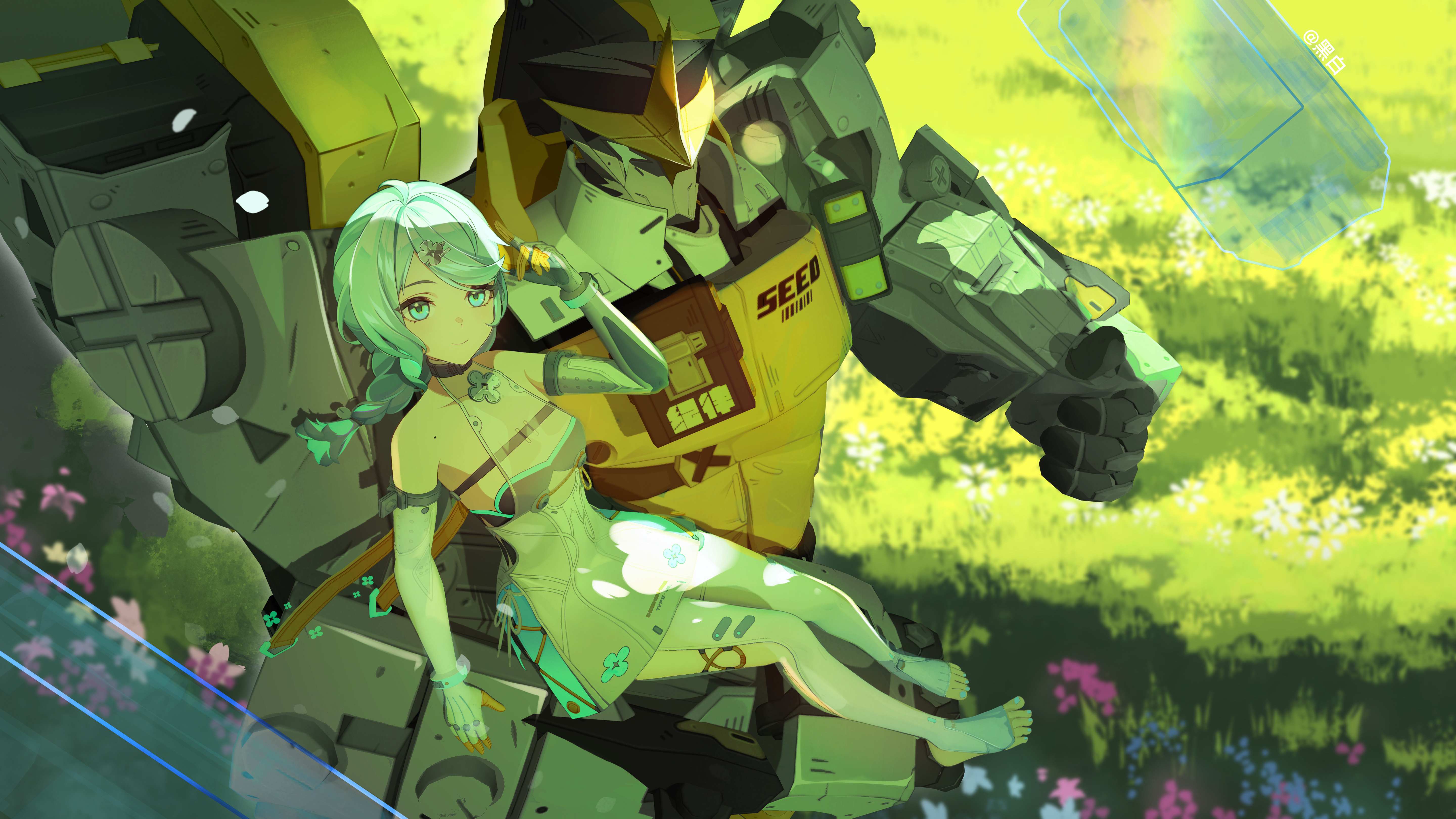 hei yubai yuan, seed (zenless zone zero), seed sr., zenless zone zero, absurdres, highres, 1girl, 1other, black choker, blue eyes, blue hair, braid, braided ponytail, choker, closed mouth, dress, elbow gloves, flower, gloves, grass, looking at viewer, mecha, medium hair, mole, mole on shoulder, robot, see-through clothes, see-through dress, smile, solo, thighhighs, white dress, white gloves, white thighhighs