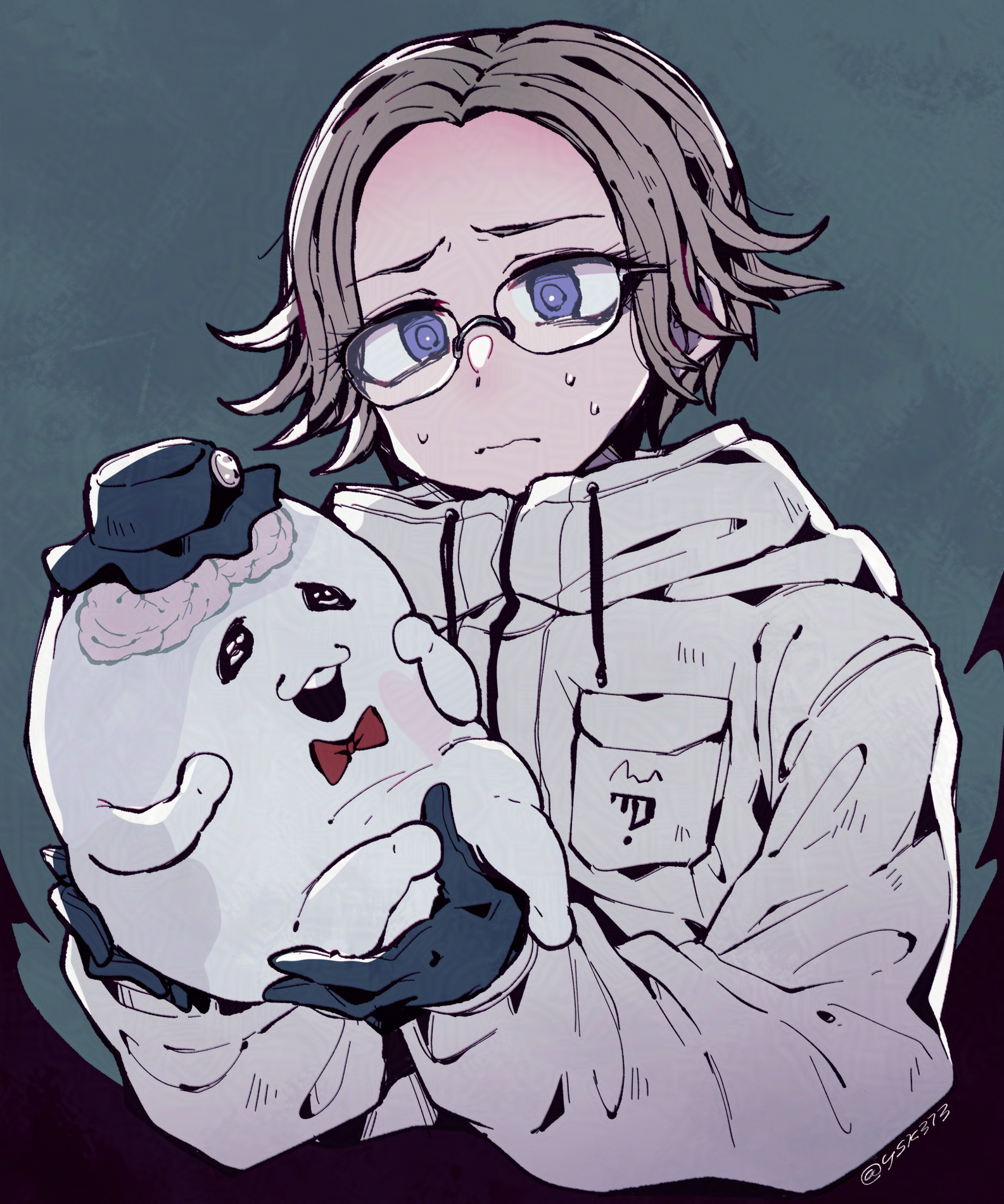 maguro no yukke, aotsuki eito, sirei (hundred line), the hundred line -last defense academy-, commentary request, highres, 1boy, :3, black gloves, black hat, blue eyes, bow, bowtie, brain, closed mouth, drawstring, eyelashes, glasses, gloves, grey hair, hat, high collar, jacket, long sleeves, male focus, open mouth, pocket, red bow, red bowtie, short hair, smile, sweat, white jacket