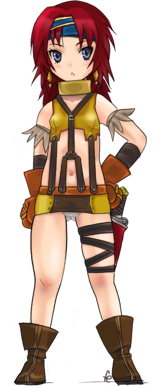 cloritin, lion (ff11), final fantasy, final fantasy xi, highres, 00s, 1girl, blue eyes, blush, boots, brown boots, chibi, female focus, flat chest, full body, gloves, headband, hume, lion, long hair, midriff, panties, red hair, simple background, skirt, solo, suspender skirt, suspenders, underwear