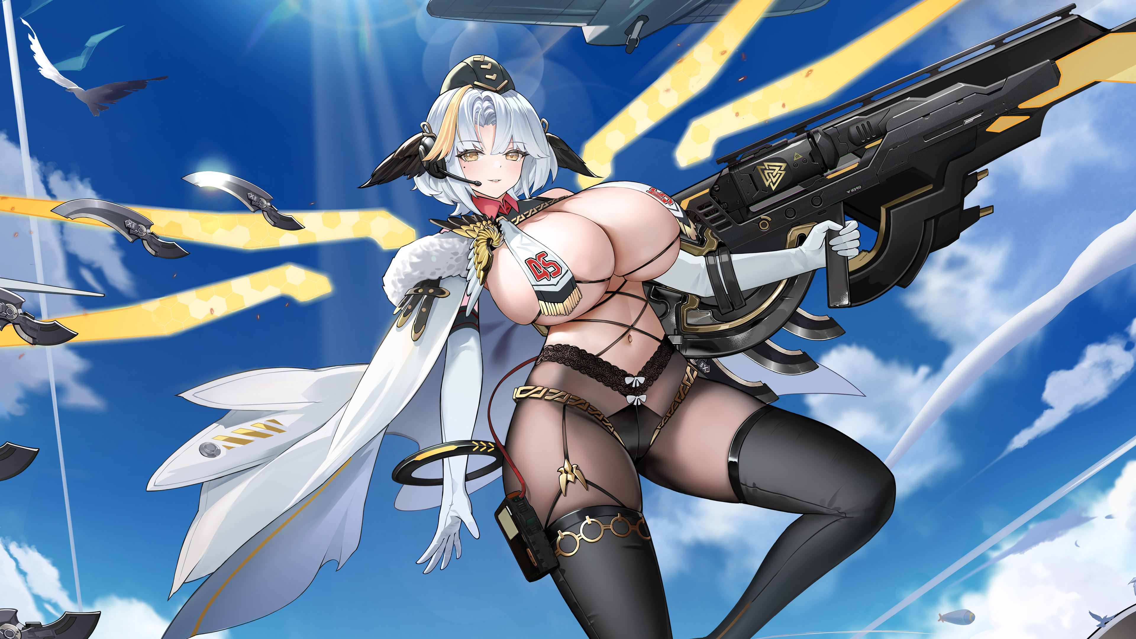 echocalypse, absurdres, artist request, highres, official art, 1girl, black thighhighs, black wings, blonde hair, bow, breast curtains, breasts, cape, cloud, elbow gloves, feathered wings, fur-trimmed cape, fur trim, gloves, grey hair, gun, holding, holding gun, holding weapon, huge breasts, linea alba, lydia (echocalypse), mole, mole under eye, multicolored hair, navel, pantyhose, short hair, sky, solo, streaked hair, thighhighs, weapon, white bow, white cape, white gloves, wings, yellow eyes