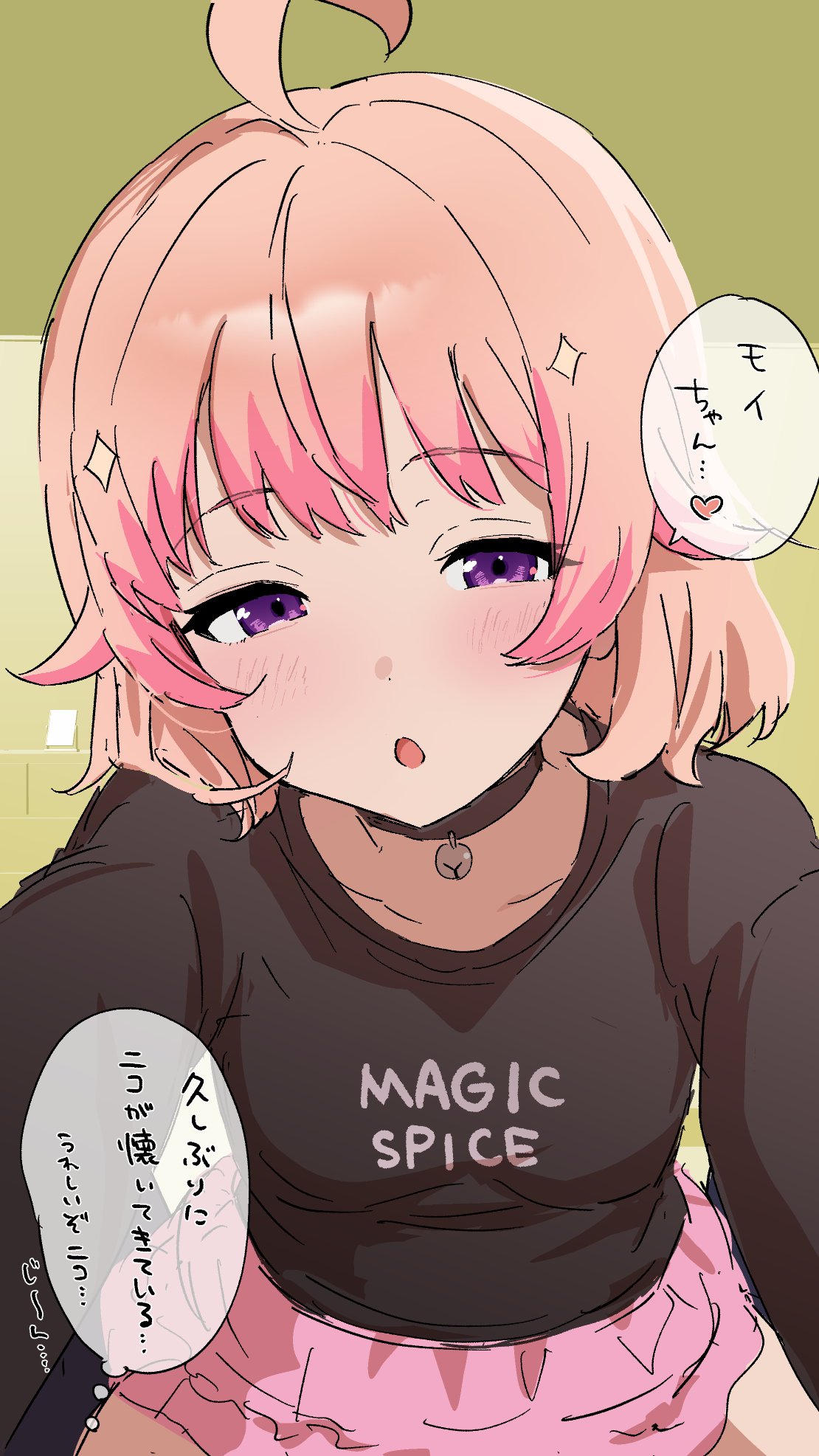 5 nan (5nan 5nan), wakatsuki niko, witch watch, commentary, highres, translation request, 1girl, :o, aged down, ahoge, black shirt, breasts, half-closed eyes, miniskirt, naughty face, open mouth, pink hair, pink skirt, pov, purple eyes, shirt, skirt, small breasts, solo, upper body