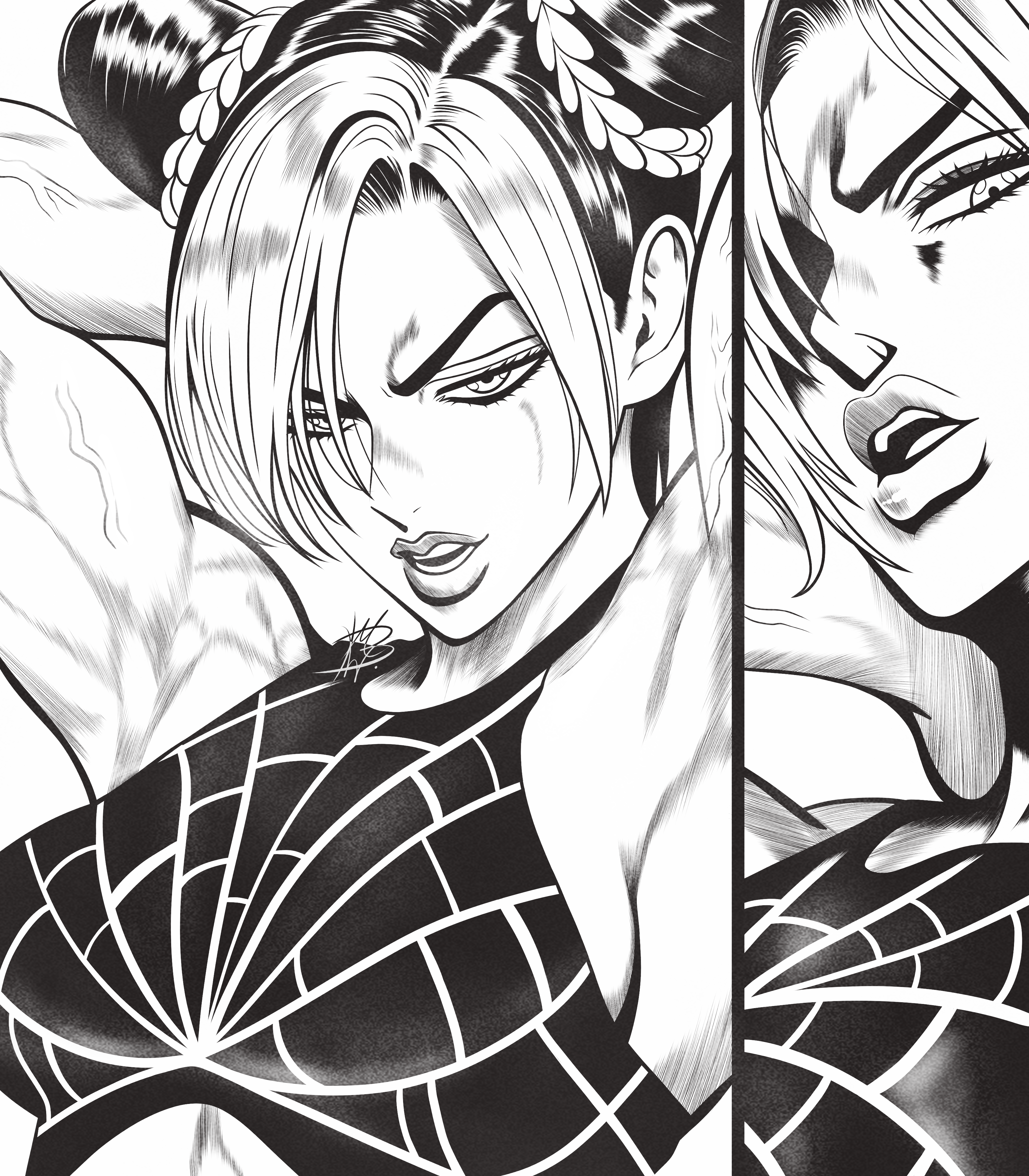 mostlybluewyatt, kuujou jolyne, jojo no kimyou na bouken, stone ocean, absurdres, commentary, english commentary, highres, 1girl, bun with braided base, crosshatching, double bun, greyscale, hair bun, hatching (texture), monochrome, multicolored hair, signature, solo, spider web print, two-tone hair, veins