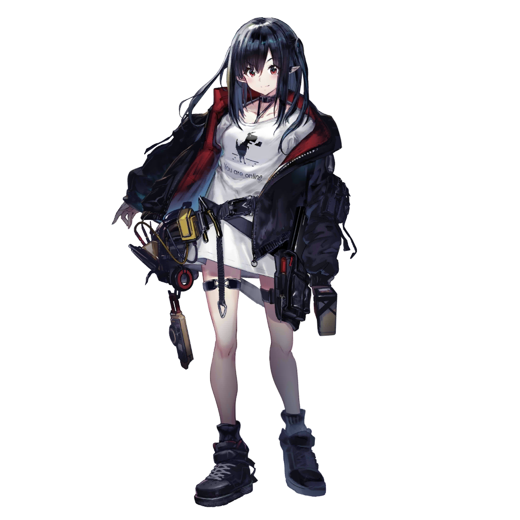 yui (niikyouzou), closure (arknights), arknights, official art, third-party source, 1girl, belt, black belt, black choker, black hair, black jacket, black shoes, character print, choker, closed mouth, closure (past) (arknights), cross-laced shoes, dino (google chrome), full body, jacket, long sleeves, looking at viewer, medium hair, red eyes, red jacket, shoes, simple background, solo, standing, tachi-e, text print, thigh strap, transparent background, two-sided fabric, two-sided jacket, two side up
