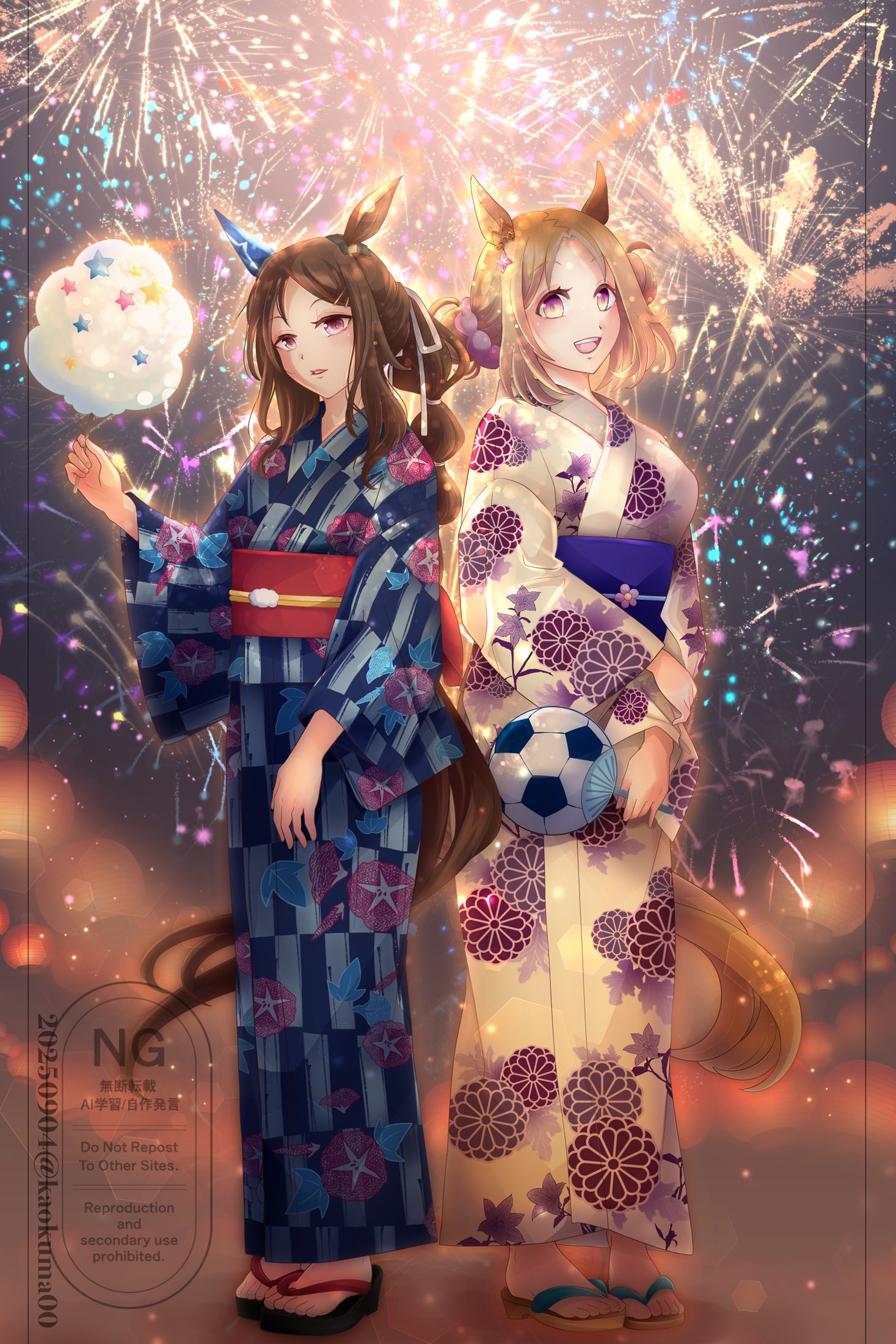 kaokuma, admire vega (umamusume), narita top road (umamusume), umamusume, umamusume: road to the top, highres, 2girls, aerial fireworks, alternate costume, animal ears, blonde hair, blue kimono, blush, breasts, brown hair, cotton candy, ear covers, ear ornament, fireworks, floral background, food, gradient eyes, hair ornament, hand fan, holding, holding cotton candy, holding fan, holding food, horse ears, horse girl, horse tail, japanese clothes, kimono, long hair, long sleeves, looking at viewer, low ponytail, medium hair, multicolored eyes, multiple girls, night, night sky, open mouth, ponytail, purple eyes, sandals, single ear cover, sky, smile, tail, very long hair, white kimono, yukata