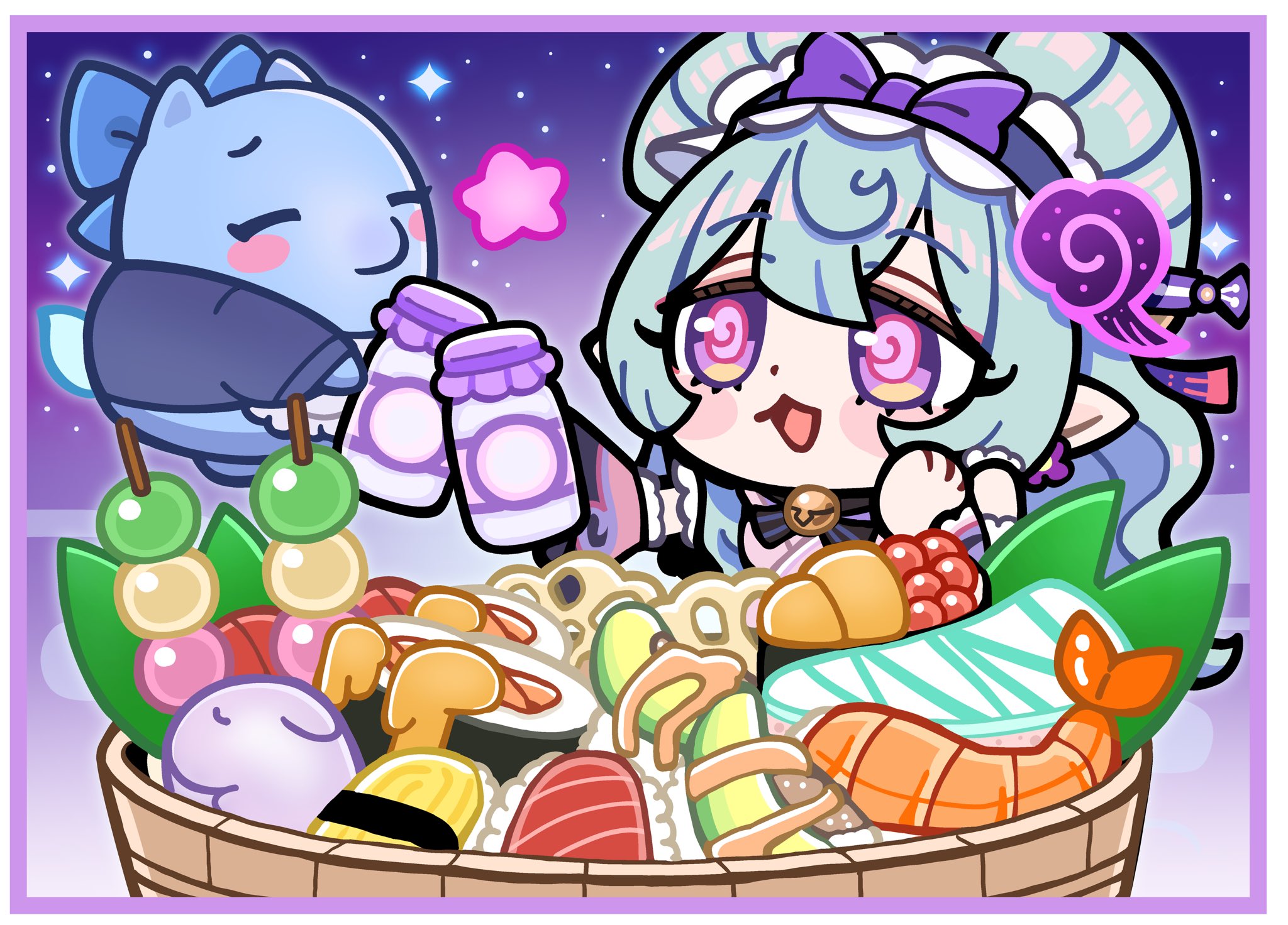 bkub, yumemizuki mizuki, genshin impact, commentary request, highres, 1girl, bell, blue bow, blue hair, blush stickers, border, bottle, bow, chibi, chibi only, closed eyes, dango, detached sleeves, drink, earrings, fish (food), flower earrings, food, frilled hairband, frills, gunkanmaki, hair between eyes, hairband, holding, holding bottle, holding drink, ikura (food), japanese clothes, jewelry, kimono, long hair, long sleeves, lotus root, makizushi, milk, milk bottle, neck bell, nigirizushi, nihongami, omelet, open mouth, pink kimono, pointy ears, purple border, purple bow, purple eyes, roe, sanshoku dango, shrimp, star (symbol), sushi, symbol-shaped pupils, tamagoyaki, wagashi, white border