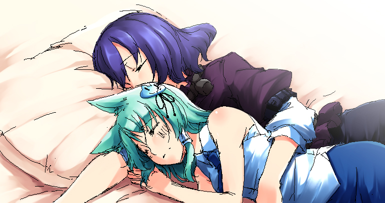 sakuraba yuuki, kochiya sanae, yasaka kanako, touhou, 2girls, animal ears, cat ears, cat girl, female focus, kemonomimi mode, lying, multiple girls, oekaki, sleeping