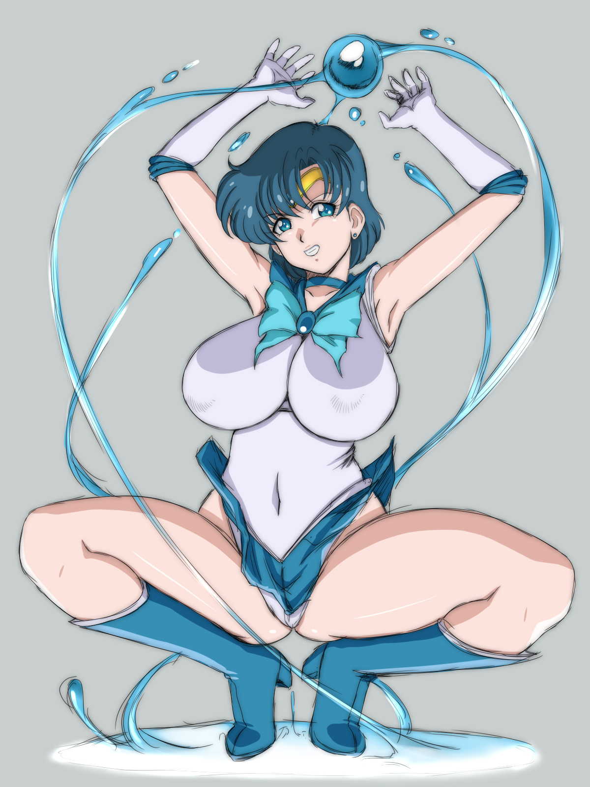 lento (glamour works), mizuno ami, sailor mercury, bishoujo senshi sailor moon, highres, armpits, arms up, blue boots, blue bow, blue bowtie, blue brooch, blue choker, blue eyes, blue hair, blue skirt, boots, bow, bowtie, choker, clothes lift, covered erect nipples, covered navel, earrings, elbow gloves, gloves, high heels, hydrokinesis, jewelry, knee boots, looking at viewer, miniskirt, panties, parted bangs, puddle, sailor senshi uniform, short hair, skirt, skirt lift, smile, spread legs, squatting, stud earrings, thick thighs, thighs, underwear, v-shaped eyebrows, water, water orb, white gloves, white panties