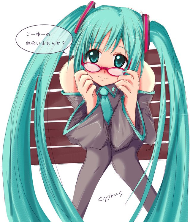 cyprus (circle), hatsune miku, vocaloid, adjusting eyewear, bent over, bespectacled, blue eyes, blue hair, blush, detached sleeves, glasses, long hair, necktie, sitting, smile, solo, thighhighs, twintails