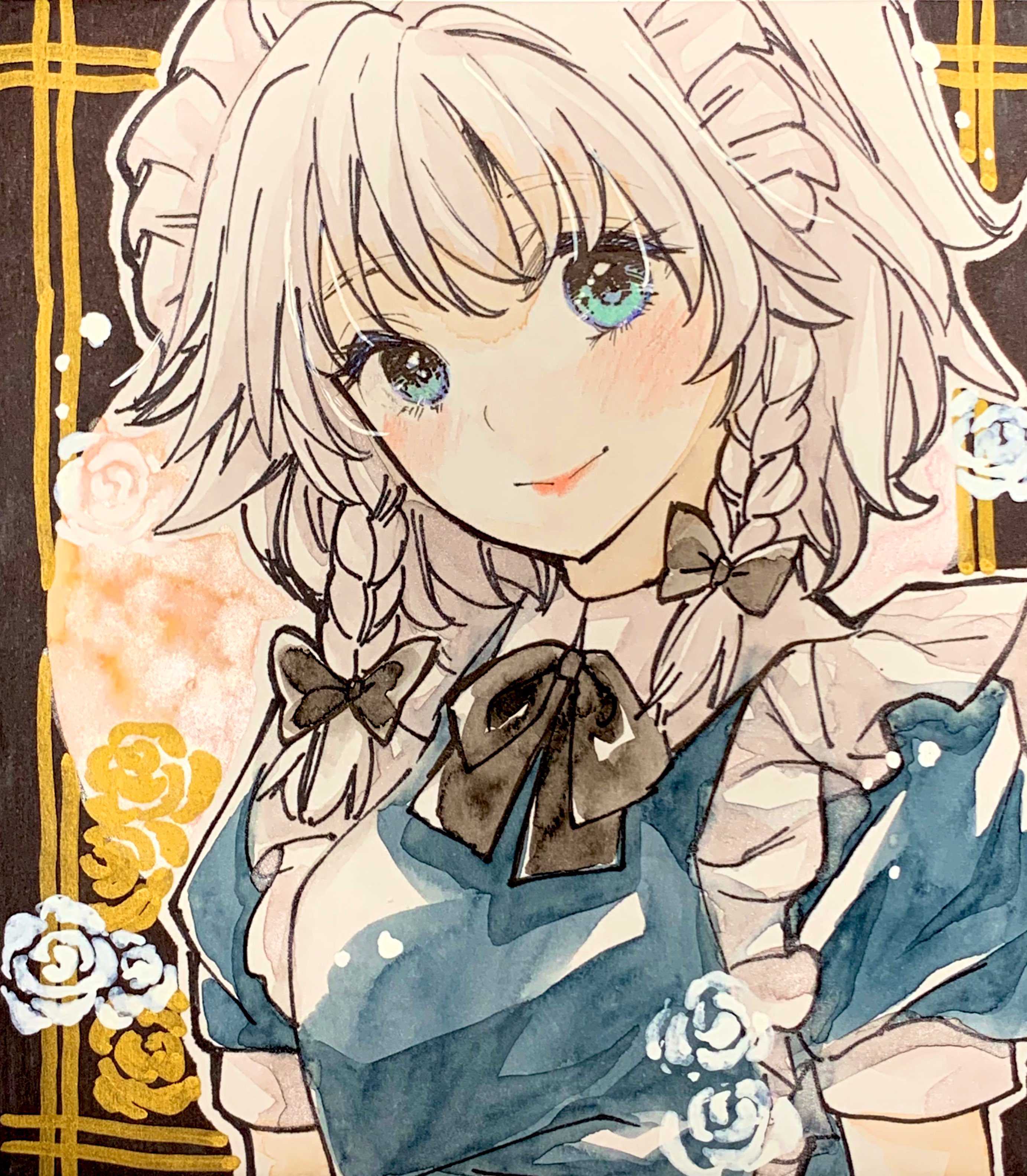 akaioringo2023, izayoi sakuya, touhou, absurdres, highres, 1girl, black bow, blue hair, blue shirt, bow, braid, breasts, cropped torso, hair bow, looking at viewer, maid headdress, medium breasts, shirt, short sleeves, solo, twin braids, white hair, white headdress