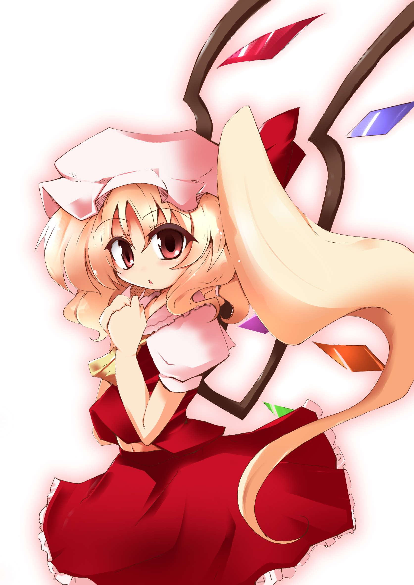 shirogane (platinum), flandre scarlet, touhou, highres, 1girl, :o, ascot, blonde hair, female focus, hands on own chest, hat, long hair, midriff, mob cap, navel, red eyes, side ponytail, simple background, skirt, skirt set, solo, very long hair, wings