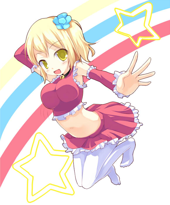 kuro (be ok), original, bad id, bad pixiv id, 1girl, blonde hair, breasts, detached sleeves, female focus, foreshortening, green eyes, jewelry, jumping, looking at viewer, midriff, necklace, open mouth, pantyhose, smile, solo, star (symbol)