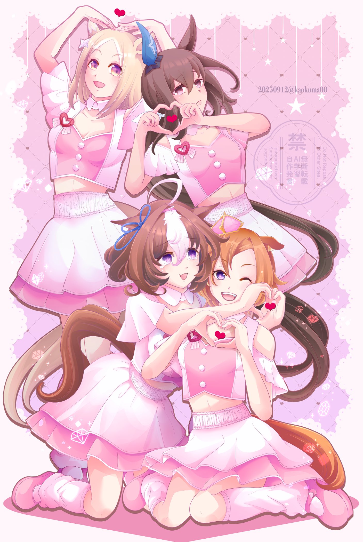 kaokuma, admire vega (umamusume), meisho doto (umamusume), narita top road (umamusume), t.m. opera o (umamusume), umamusume, umamusume: road to the top, highres, 4girls, ahoge, animal ears, blonde hair, blush, bow, breasts, brown hair, closed mouth, clothing cutout, cropped shirt, crown, double-parted bangs, ear covers, ear ornament, ear ribbon, gradient eyes, hair between eyes, hairband, heart, heart hands, horse ears, horse girl, horse tail, large breasts, layered skirt, long hair, looking at viewer, loose socks, low ponytail, medium hair, meni shuki rush-sshu!, midriff, mini crown, multicolored eyes, multicolored hair, multiple girls, navel, one eye closed, open mouth, orange hair, orange tail, pink crown, pink hairband, pink shirt, pink shoes, pink skirt, pink socks, ponytail, purple eyes, shirt, shoes, short hair, shoulder cutout, single ear cover, sitting, skirt, smile, socks, tail, teeth, two-tone hair, upper teeth only, wariza, white hair