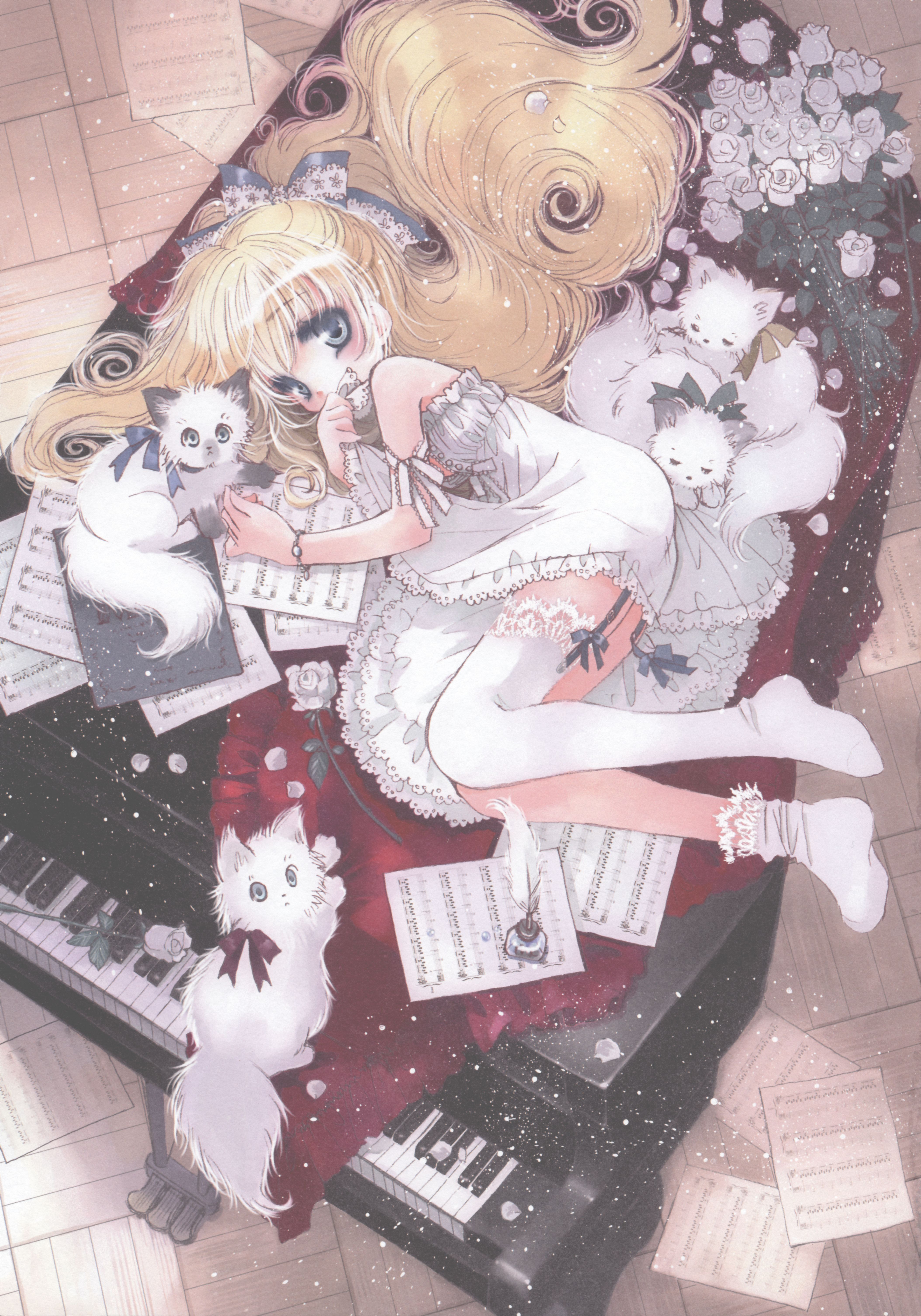 hato rami, absurdres, highres, 1girl, asymmetrical clothes, baby animal, beamed quavers, blonde hair, bow, bracelet, cat, curly hair, dress, feathers, female focus, flower, garter belt, gothic lolita, grand piano, green eyes, grey eyes, hair bow, ink, instrument, jewelry, kitten, lolita fashion, long hair, lying, musical note, paper, petals, piano, ribbon, rose, sheet music, single thighhigh, socks, solo, staring, thighhighs, very long hair, white flower, white rose