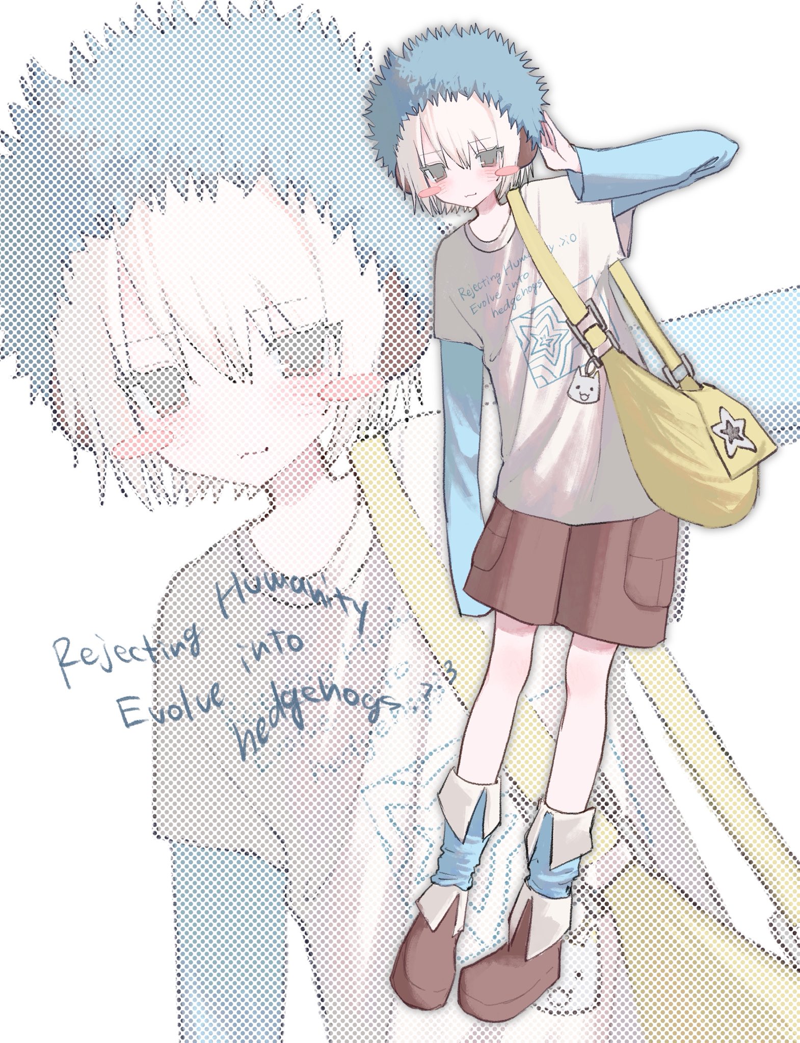skunfan, original, highres, 1girl, :3, bag, bag charm, blonde hair, blue hat, blue socks, blush, blush stickers, brown shoes, brown shorts, cargo shorts, charm (object), closed mouth, clothes writing, earmuffs, english text, full body, hat, layered sleeves, long sleeves, pocket, red eyes, shirt, shoes, short hair, short over long sleeves, short sleeves, shorts, shoulder bag, sleeves past fingers, sleeves past wrists, socks, solo, star (symbol), white shirt, zoom layer