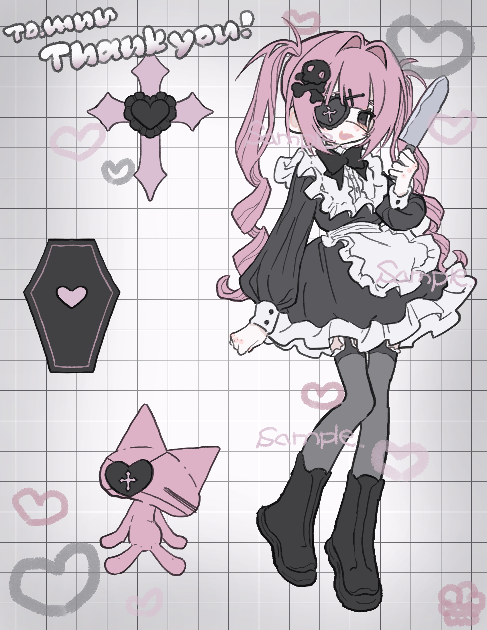 am314, original, commission, highres, skeb commission, 1girl, apron, black boots, black dress, boots, cat, coffin, cross, dress, eyepatch, full body, grid background, hair ornament, holding, holding knife, knife, long hair, long sleeves, looking at viewer, medical eyepatch, one eye covered, open mouth, pink hair, sample watermark, skull hair ornament, solo, standing, thighhighs, twintails, waist apron, watermark, white apron