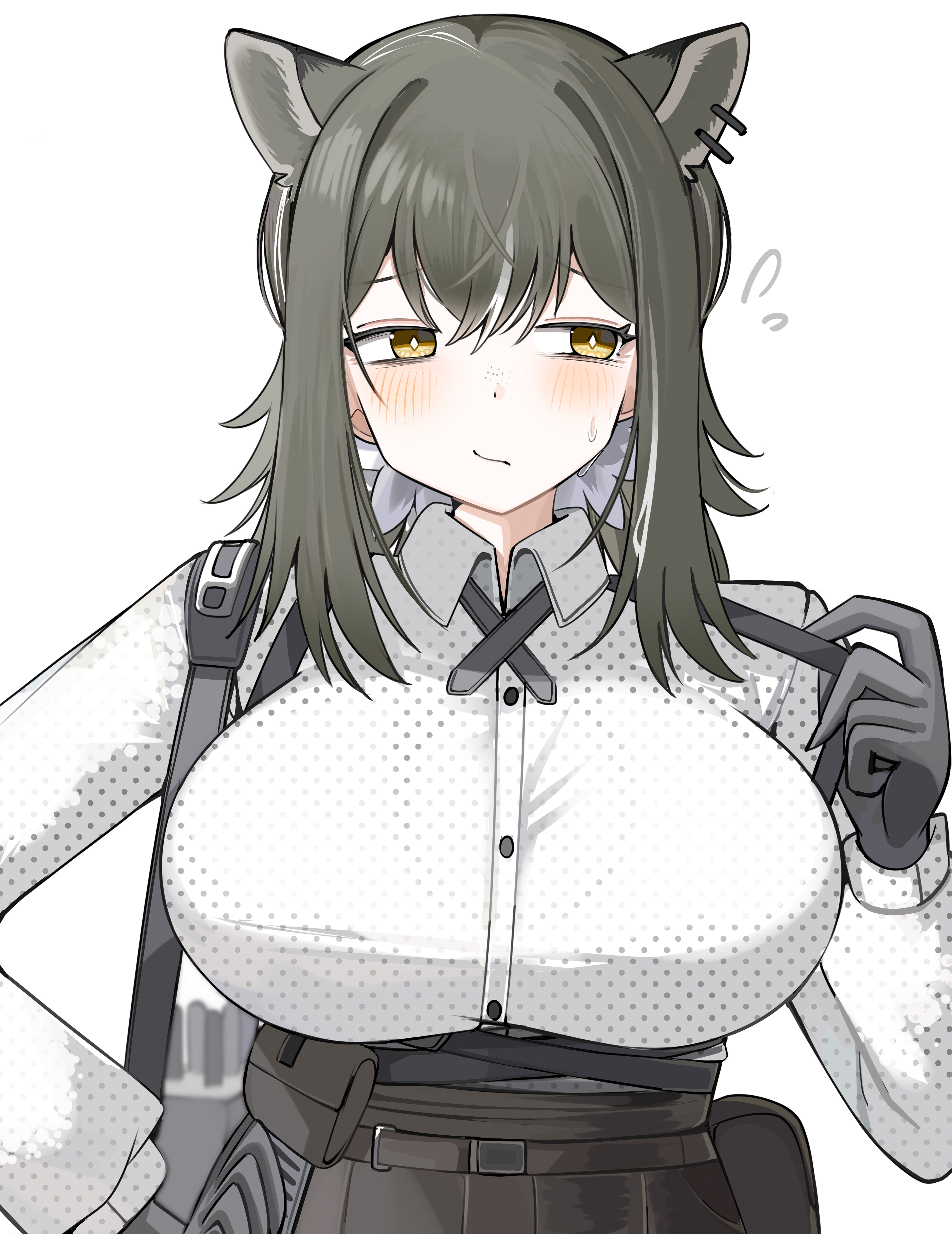 spam (spamham4506), robin (arknights), arknights, absurdres, commentary request, highres, 1girl, animal ears, animal hands, bags under eyes, black cross tie, blush, breasts, bright pupils, brown hair, collared shirt, cross tie, hair between eyes, large breasts, long hair, long sleeves, looking at viewer, no freckles, polka dot, polka dot shirt, ponytail, raccoon ears, raccoon girl, shirt, simple background, solo, unmoving pattern, white pupils, white shirt, yellow eyes