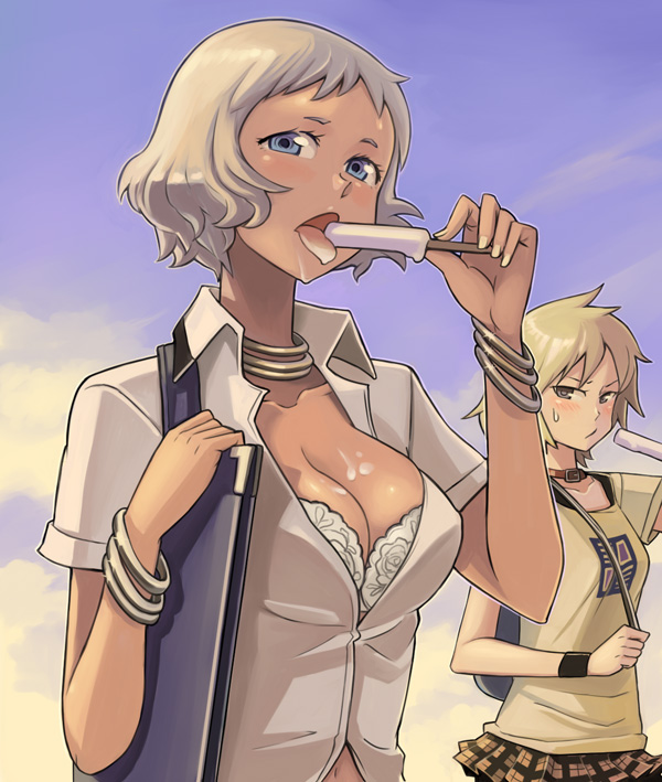 bowieknife, makunouchi ushio, ooba minato, hyakko, silver hair, 00s, 2girls, blue eyes, blush, bra, breasts, cleavage, collar, dark-skinned female, dark skin, food, ice cream, lingerie, melting, multiple girls, popsicle, sexually suggestive, short hair, skirt, tongue, underwear, wristband