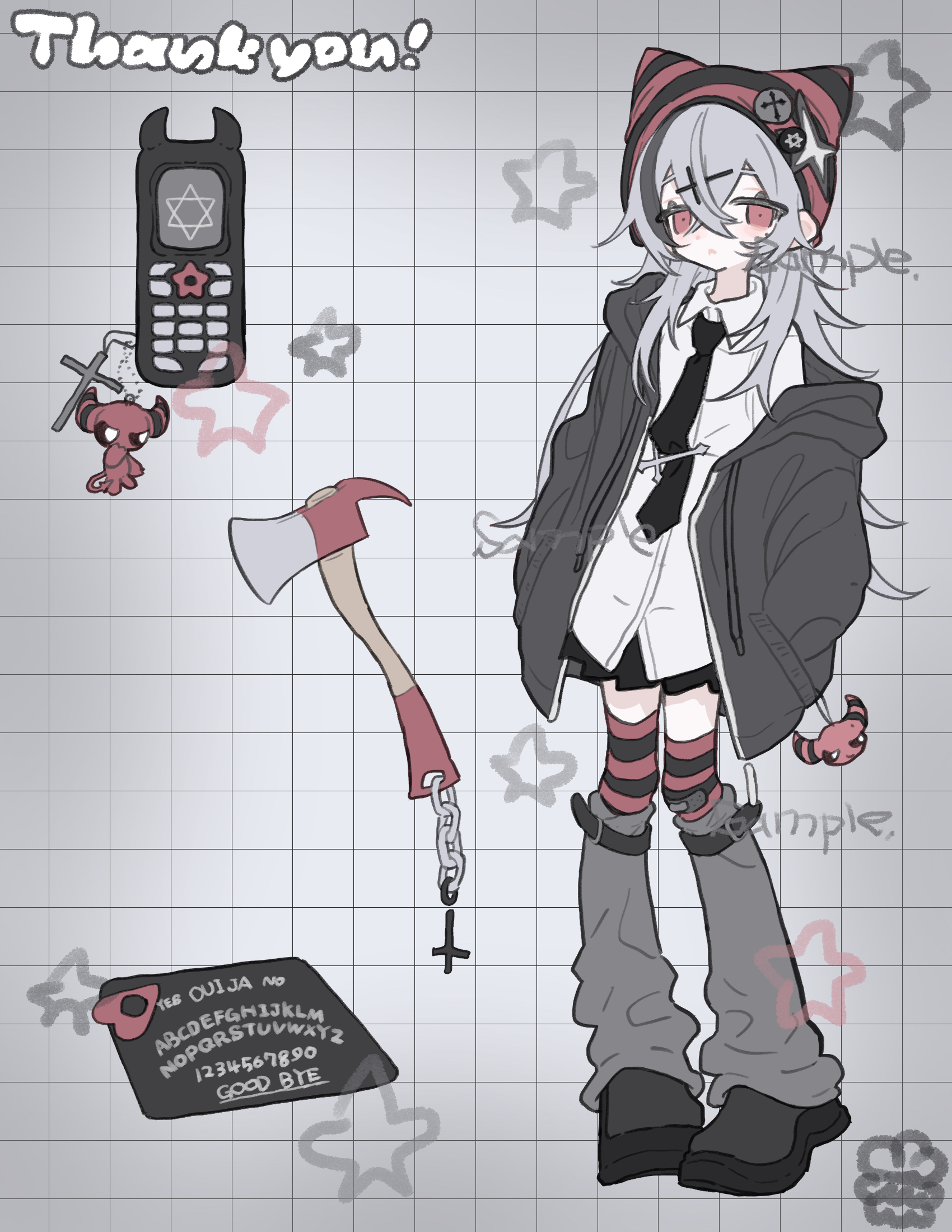 am314, original, commission, highres, skeb commission, 1girl, axe, beanie, black necktie, black shoes, cellphone, cellphone charm, charm (object), grey hair, grey jacket, grey leg warmers, grid background, hands in pockets, hat, jacket, leg warmers, long hair, looking at viewer, miniskirt, necktie, open clothes, open jacket, ouija, phone, red eyes, red thighhighs, shirt, shoes, skirt, solo, striped clothes, striped hat, striped thighhighs, thighhighs, white shirt