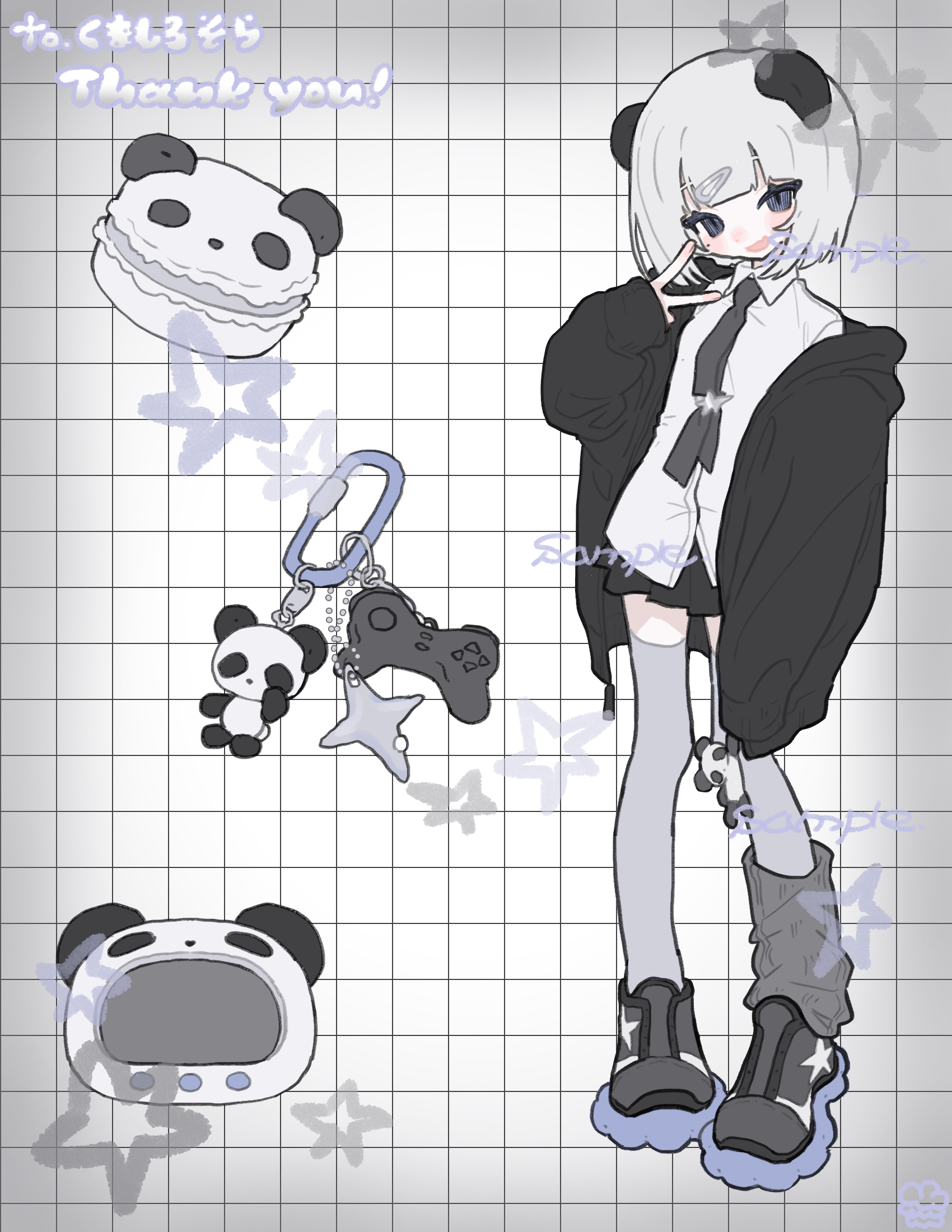 am314, original, highres, 1girl, animal ears, black eyes, black jacket, charm (object), full body, grey thighhighs, grid background, hand up, jacket, looking at viewer, miniskirt, necktie, open clothes, open jacket, open mouth, panda, panda ears, sample watermark, shirt, single leg warmer, skirt, solo, standing, thighhighs, v, watermark, white hair