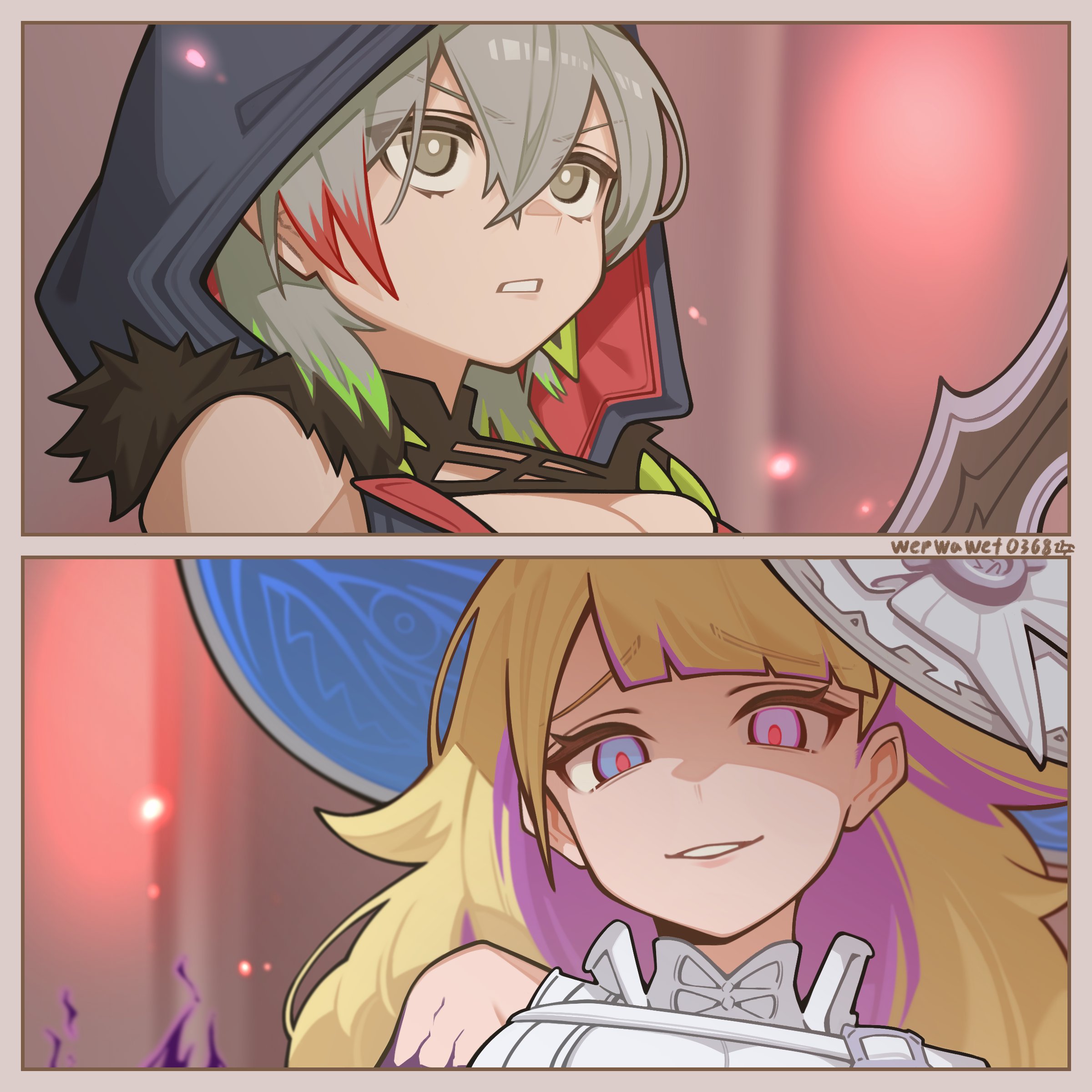 wepwawet, diabellstar the black witch, diabellze the original sinkeeper, yu-gi-oh!, absurdres, highres, 2girls, blonde hair, blue eyes, breasts, cleavage, detached sleeves, dress, duel monster, fur trim, green hair, grey eyes, grey hair, hat, heterochromia, holding, hood, hood up, large breasts, long hair, looking at another, medium hair, multicolored hair, multiple girls, open mouth, pale skin, purple hair, red hair, smile, streaked hair, sword, weapon, white hat, witch, witch hat