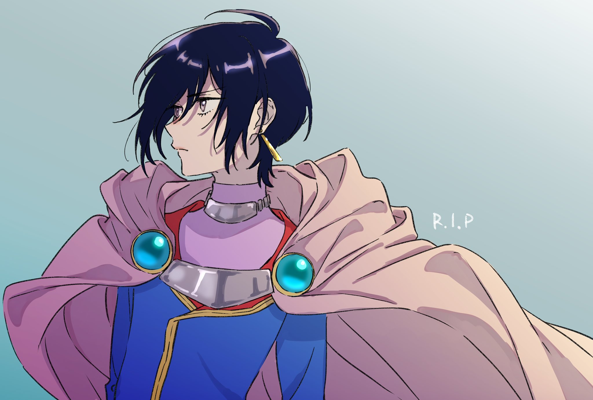 sagawa haruka, leon magnus, tales of (series), tales of destiny, highres, 1boy, black hair, brown eyes, cape, closed mouth, earrings, jewelry, male focus, rest in peace (phrase), short hair, simple background, solo