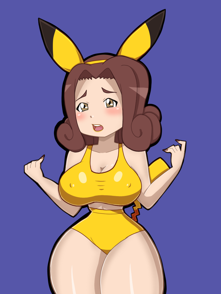 nonoka girls, pikachu, digimon, digimon ghost game, nintendo, pokemon, 1girl, blush, breasts, brown eyes, brown hair, gen 1 pokemon, pikachu (cosplay), shiori (digimon ghost game), tail