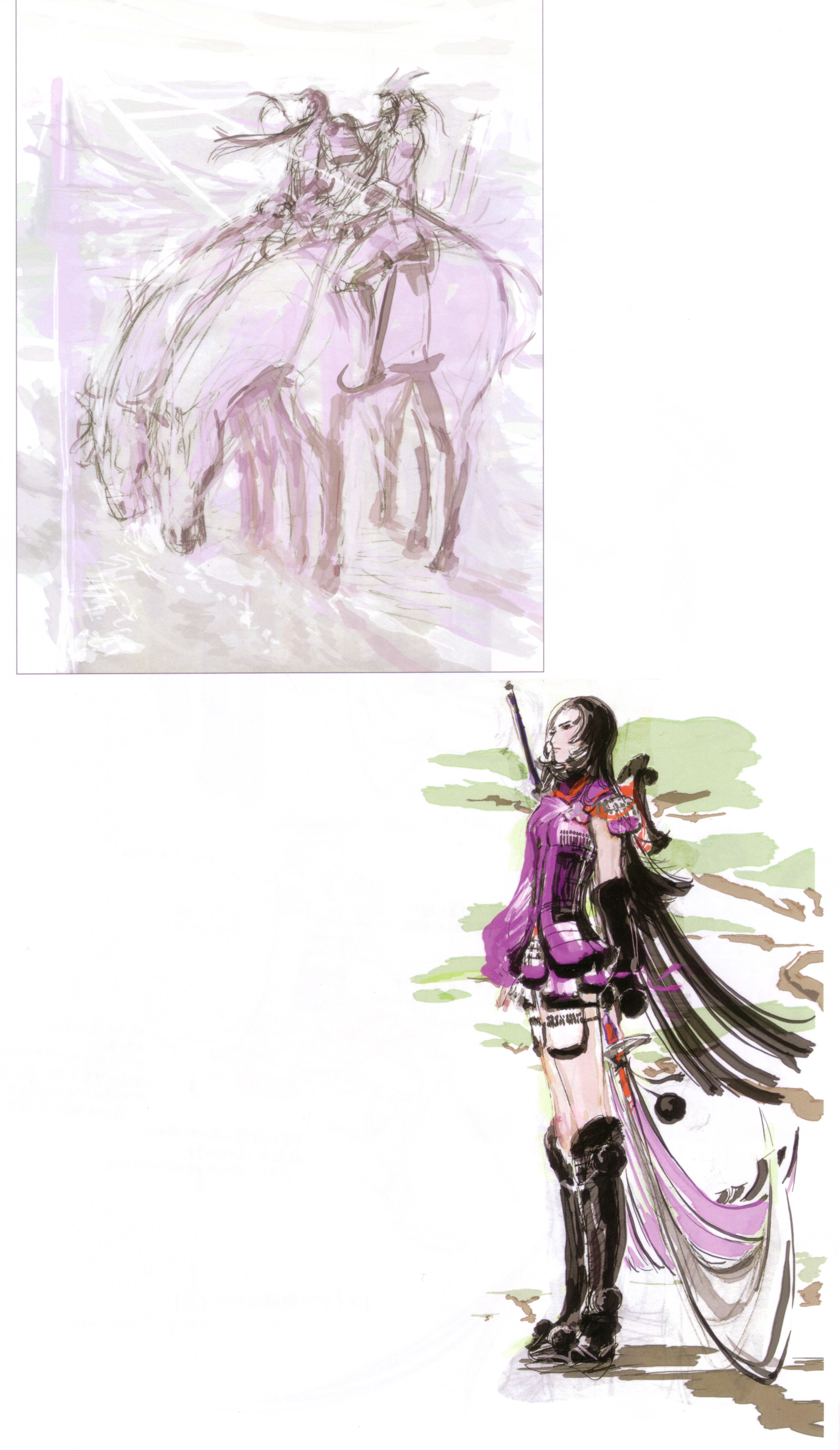 tsuchibayashi makoto, azai nagamasa (sengoku basara), oichi, oichi (sengoku basara), sengoku basara, absurdres, highres, 00s, 1boy, 1girl, armor, black hair, horse, long hair, naginata, polearm, spear, weapon