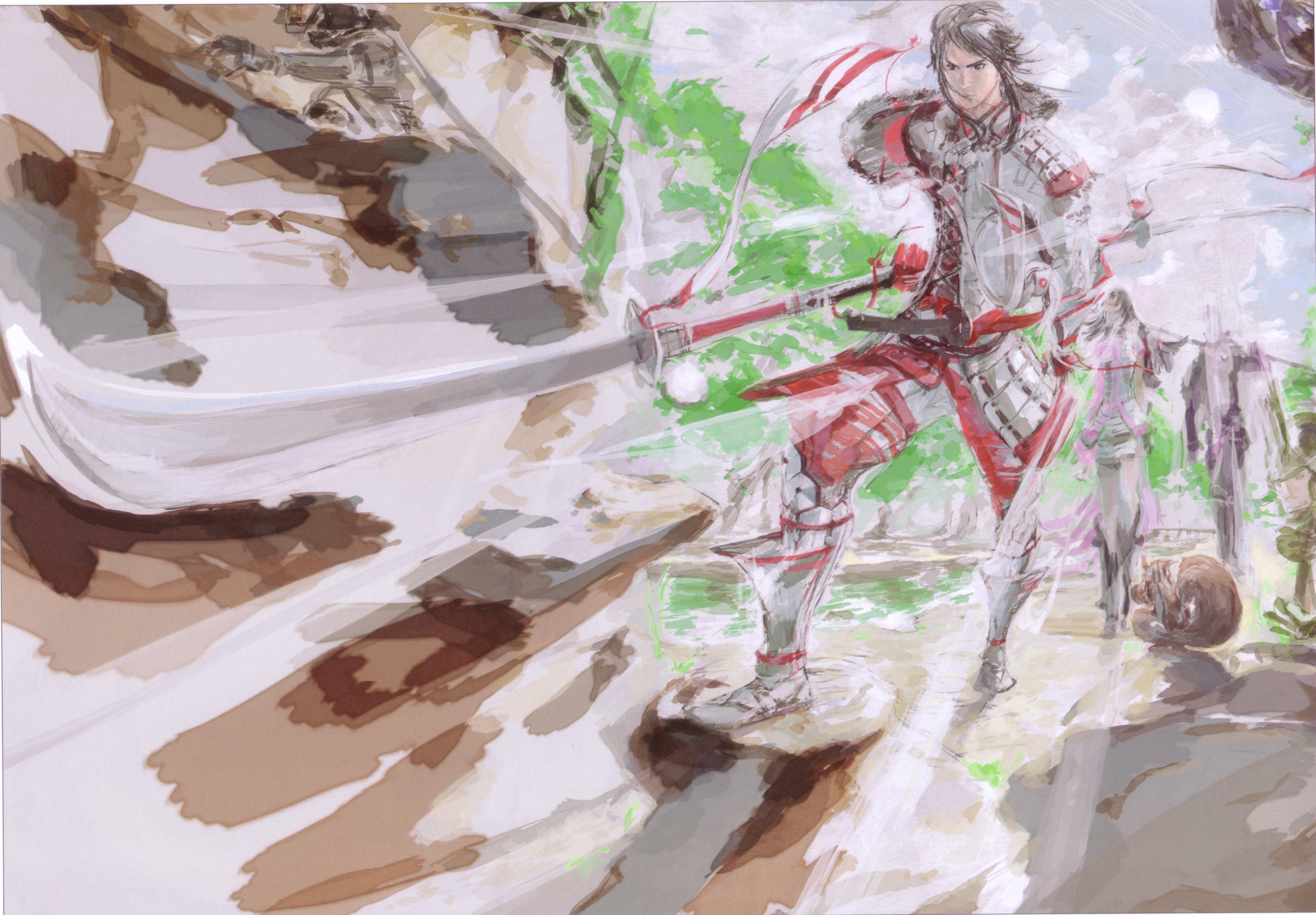 tsuchibayashi makoto, azai nagamasa (sengoku basara), oichi, oichi (sengoku basara), sengoku basara, highres, 00s, 1boy, 1girl, armor, black hair, couple, female focus, male focus, polearm, solo, weapon