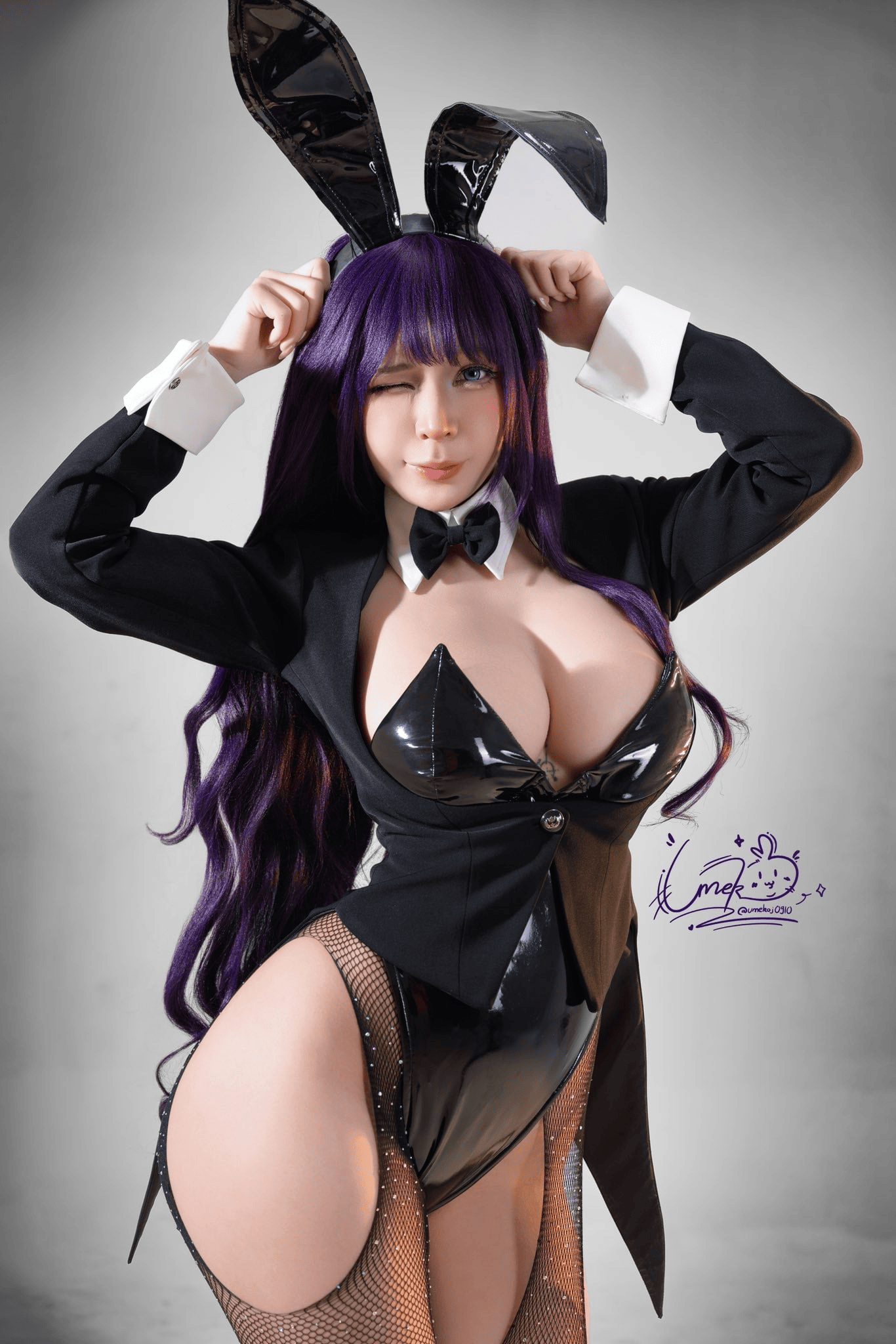 umekojcosplayer, izayoi arisa, kitagawa marin, real life, sono bisque doll wa koi wo suru, cosplay photo, highres, photo (medium), 1girl, artist name, black leotard, breasts, cleavage, female focus, fishnets, izayoi arisa (cosplay), kitagawa marin (cosplay), leotard, looking at viewer, medium breasts, playboy bunny, purple hair, rabbit ears, solo, vietnamese, watermark