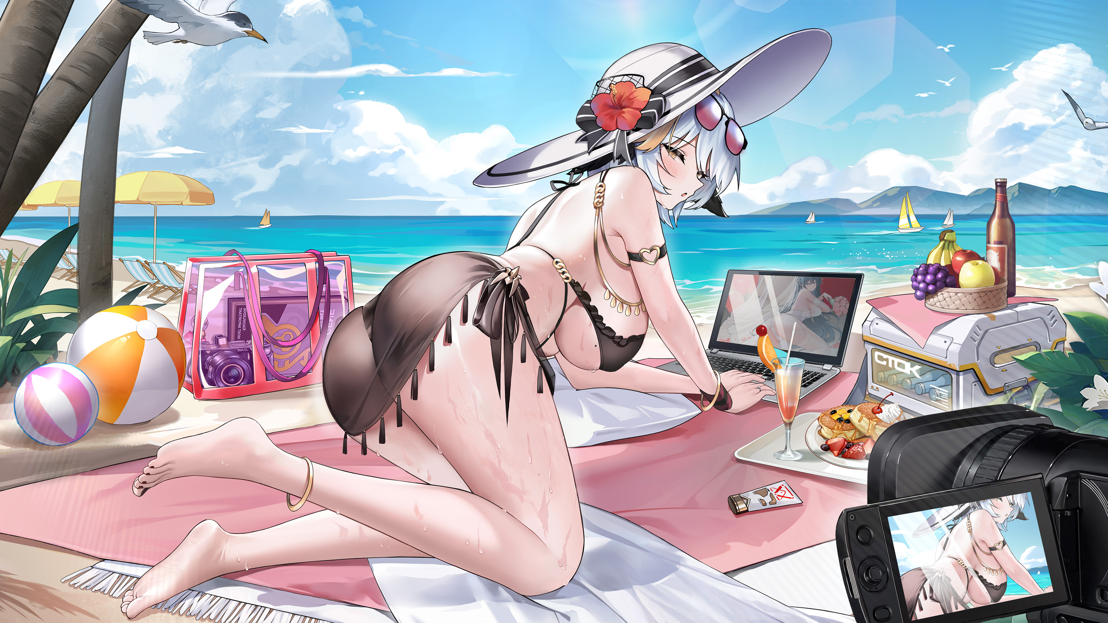 echocalypse, absurdres, artist request, highres, official art, 1girl, apple, ass, bag, ball, banana, barefoot, beach, beach chair, beach towel, beach umbrella, beachball, black bow, black nails, boat, bottle, bow, bracelet, breasts, camera, cloud, drink, eyewear on head, flower, food, fruit, gold anklet, gold bracelet, grapes, hat, hat bow, heart, heart o-ring, jewelry, large breasts, lydia (echocalypse), mole, mole on breast, nail polish, o-ring, o-ring arm strap, ocean, orange (fruit), orange slice, pillow, red flower, sky, strawberry, sun hat, sunglasses, toenail polish, toenails, towel, tree, umbrella, watercraft, wet, white flower, white hair, white hat, yellow eyes