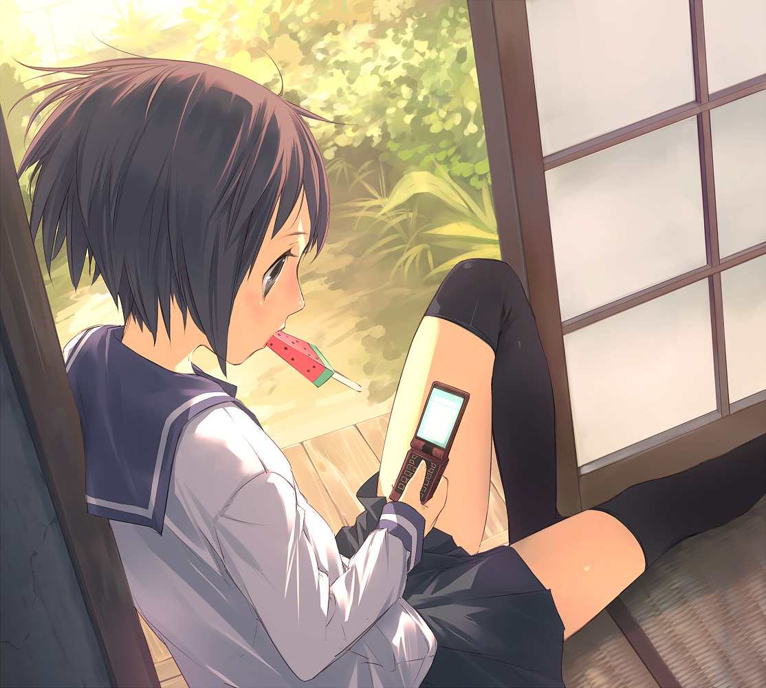 uni (plastic girl), original, 1girl, brown eyes, brown hair, cellphone, female focus, food, leg up, looking down, mouth hold, phone, pleated skirt, popsicle, porch, school uniform, serafuku, short hair, sitting, skirt, solo, thighhighs, veranda, watermelon bar