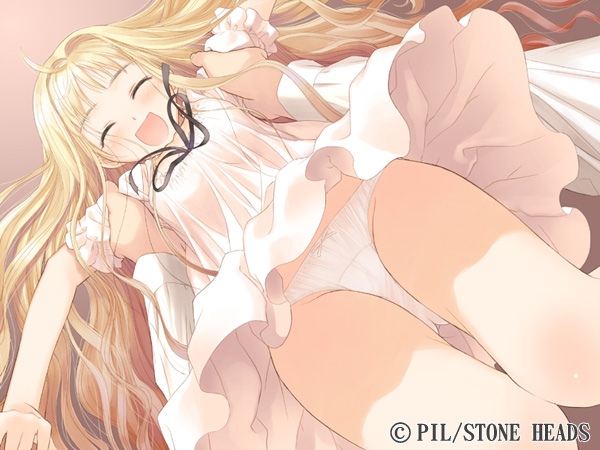 tony taka, shoujo (france shoujo), france shoujo, 1girl, blonde hair, dress, female focus, panties, pantyshot, solo, underwear