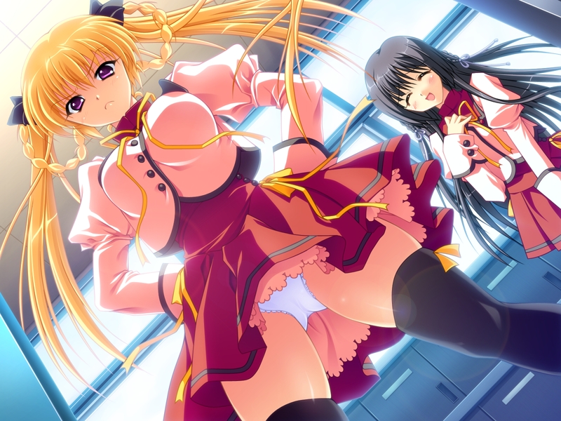 akira (usausa), akiha honoka, niukawakami mizuha, nostradamus ni kiite miro, game cg, 2girls, black hair, blonde hair, blush, closed eyes, from below, frown, hair ribbon, multiple girls, panties, pantyshot, purple eyes, ribbon, school uniform, serafuku, smile, thighhighs, thighs, twintails, underwear, upskirt