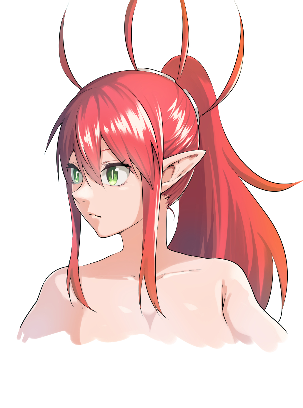 muramitsu (hook), ulmandra, salaryman ga isekai ni ittara shitennou ni natta hanashi, highres, 1girl, breasts, closed mouth, cropped torso, demon girl, eyebrows hidden by hair, green eyes, large breasts, long hair, looking to the side, nude, pointy ears, ponytail, red hair, simple background, solo, white background