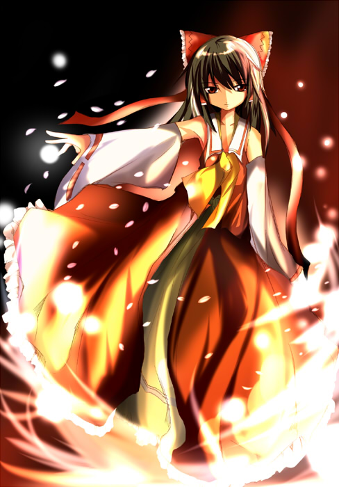 maturiuta sorato, hakurei reimu, touhou, 1girl, female focus, japanese clothes, long hair, miko, ribbon, solo