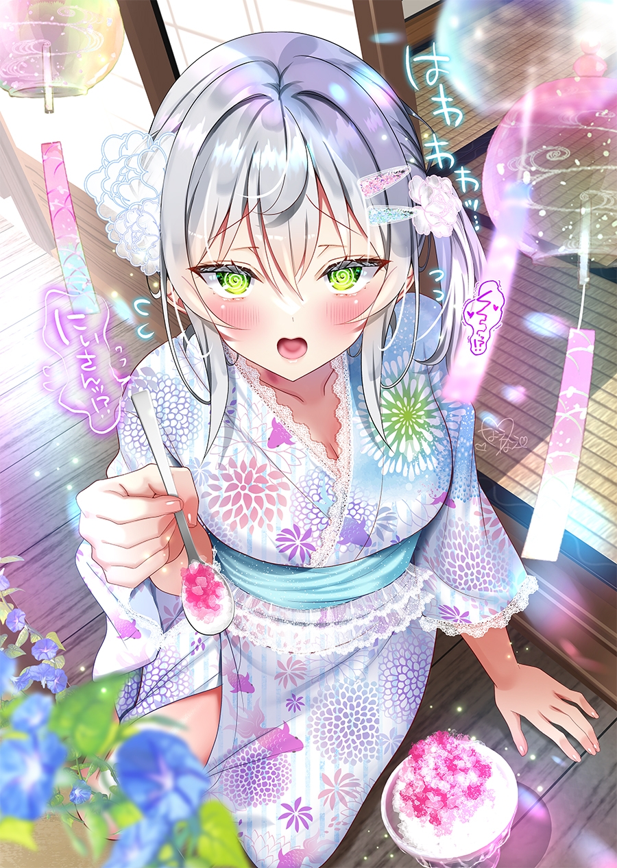 nae-nae, original, highres, translation request, 1girl, animal print, blue flower, blue sash, blush, breasts, cleavage, collarbone, fish print, floral print, floral print kimono, flower, flying sweatdrops, food, green eyes, grey hair, hair ornament, heart, holding, holding spoon, japanese clothes, kimono, long hair, motion lines, obi, open mouth, print kimono, sash, shaved ice, signature, smile, solo, speech bubble, spoon, tatami