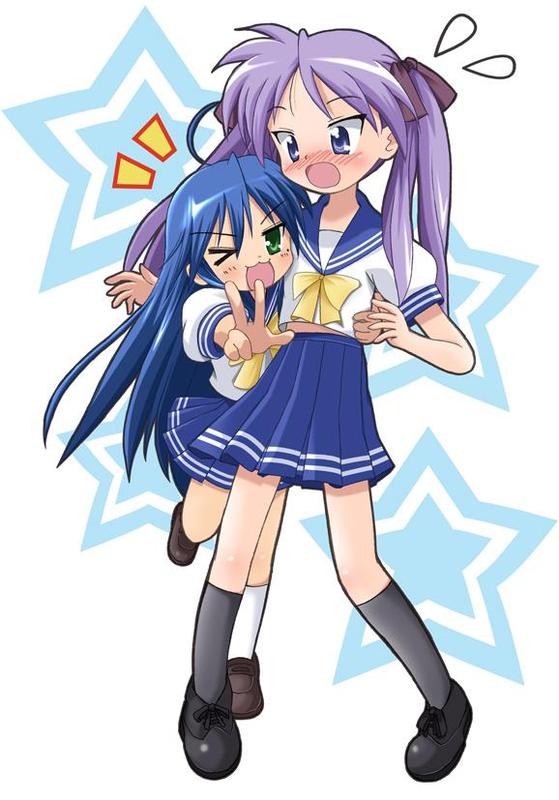 hiiragi kagami, izumi konata, lucky star, get, jpeg artifacts, 00s, 2girls, :3, blush, hug, hug from behind, midriff, mole, mole under eye, multiple girls, one eye closed, school uniform, serafuku, star (symbol), sweatdrop, twintails, v, wink, yuri