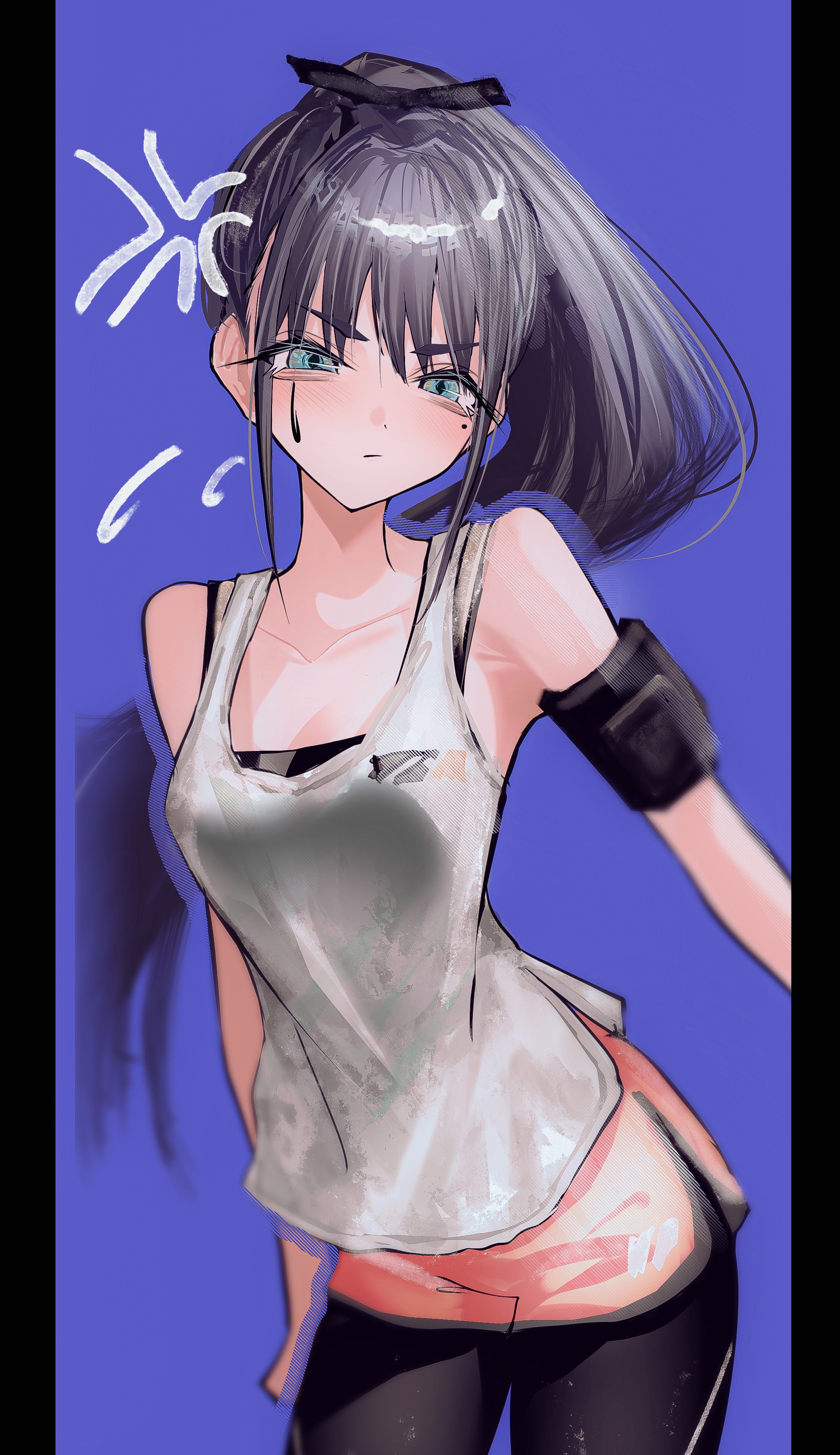 amedama capacity, amaya tsubame, gakuen idolmaster, idolmaster, absurdres, highres, 1girl, aegyo sal, anger vein, black hair, black leggings, breasts, cleavage, collarbone, leggings, leggings under shorts, long hair, looking at viewer, medium breasts, mole, mole under eye, pillarboxed, pink shorts, ponytail, shorts, solo, tank top, very long hair, white tank top