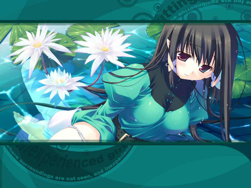 1girl, belt, brown hair, cameltoe, clothes lift, dress, dress lift, female focus, flower, lily pad, long hair, lotus, panties, pointy ears, solo, thighs, underwear, very long hair, water, water lily flower