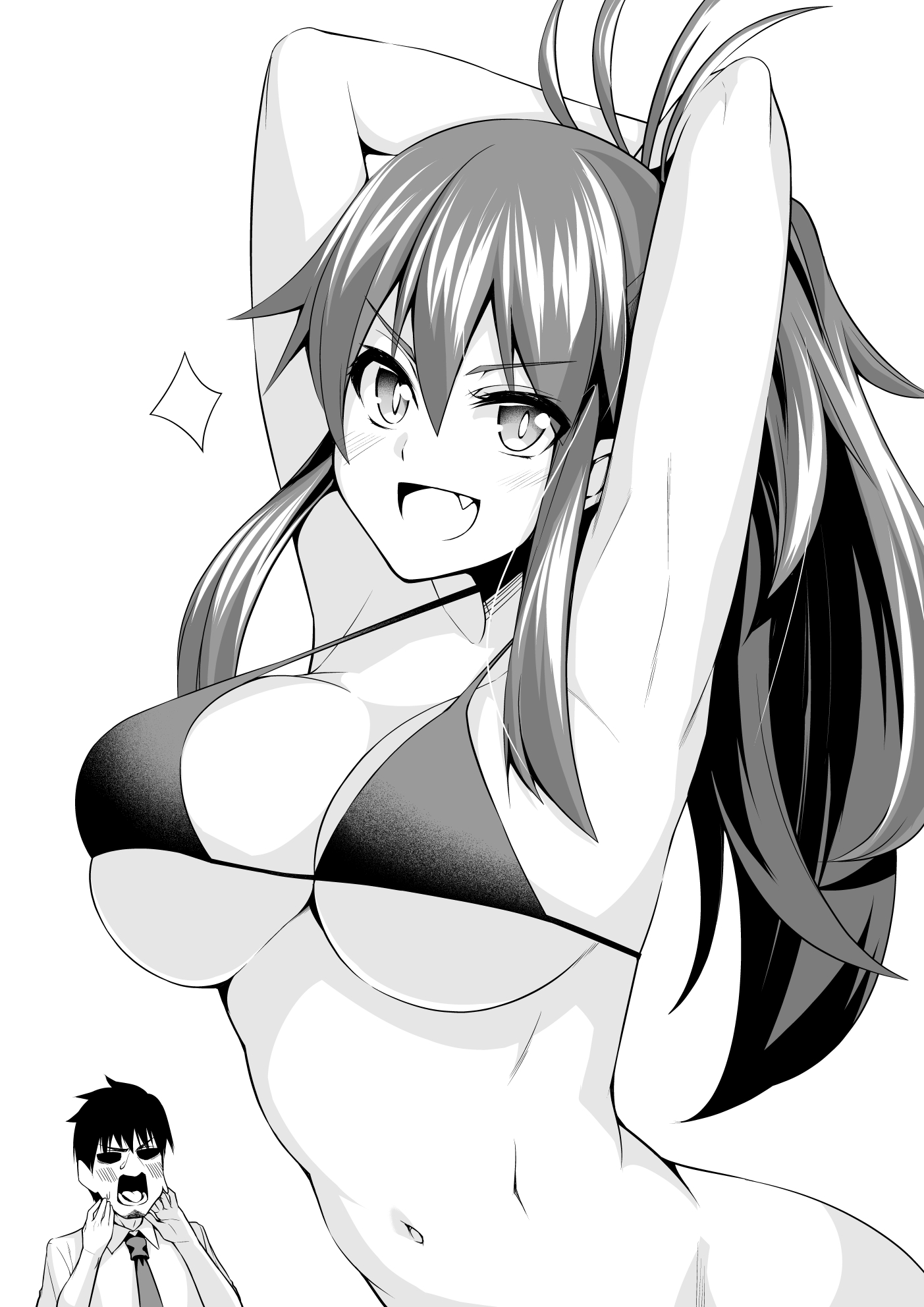 keigen hichou, uchimura dennosuke, ulmandra, salaryman ga isekai ni ittara shitennou ni natta hanashi, highres, 1boy, 1girl, armpits, arms behind head, blush, breasts, chibi, cleavage, fang, greyscale, hair between eyes, large breasts, long hair, looking at viewer, monochrome, navel, open mouth, ponytail, presenting armpit, shouting, simple background, slit pupils, smile, stomach, white background