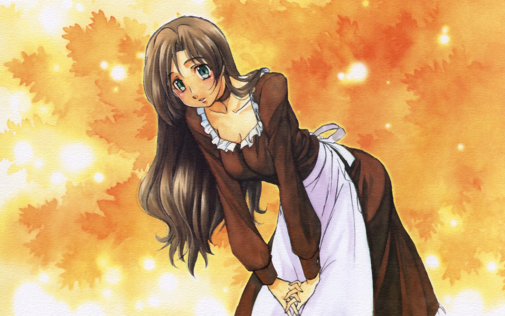 kimura takahiro, yukiko steavens, gunxsword, highres, official art, official wallpaper, painting (medium), traditional media, watercolor (medium), 1girl, apron, bent over, brown hair, dress, female focus, green eyes, long hair, orange background, own hands together, solo