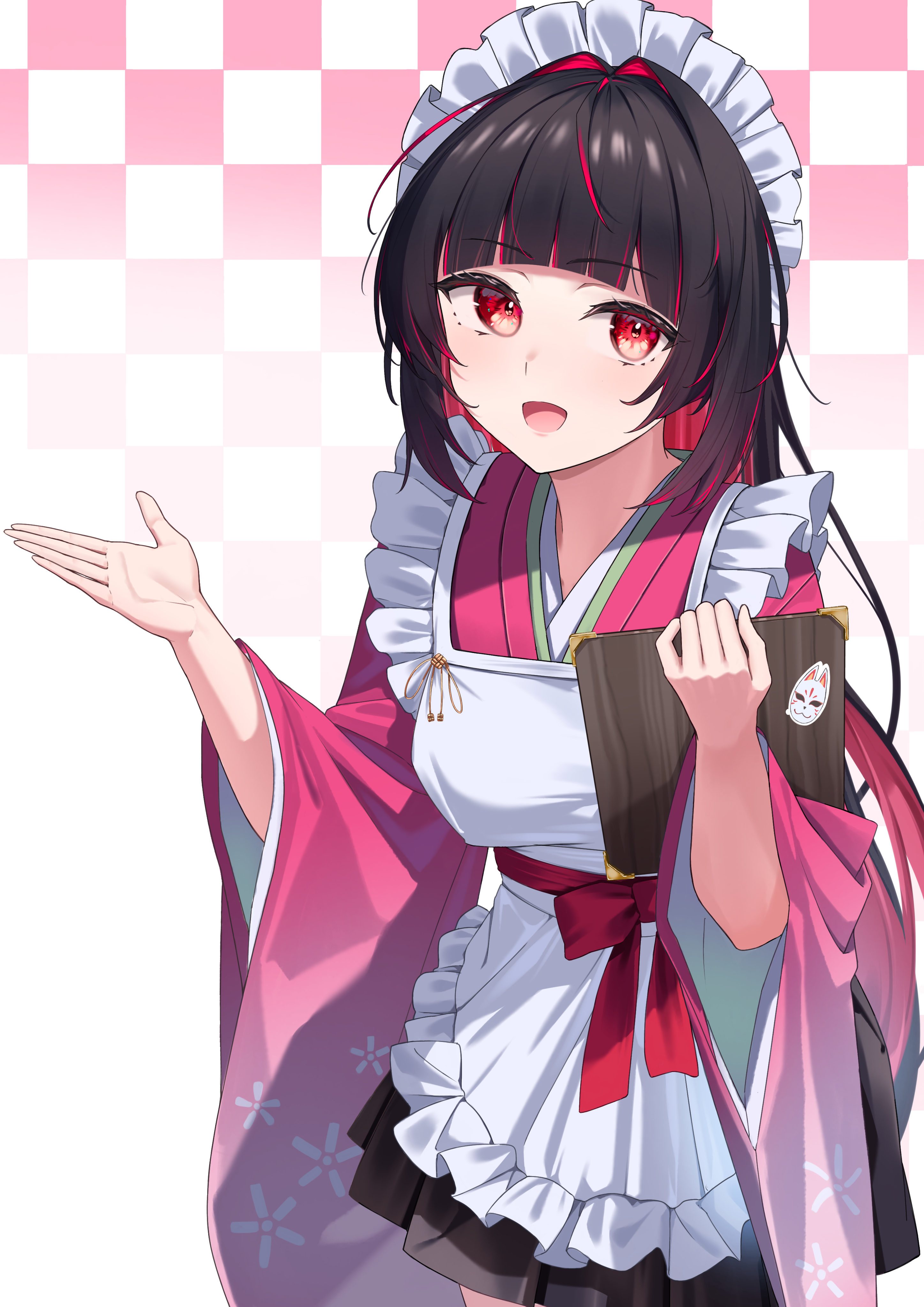 rubisco, original, absurdres, commentary request, highres, 1girl, apron, black hair, blunt bangs, bow, breasts, checkered background, colored inner hair, floral print, fox mask, frilled apron, frills, gradient background, hand up, holding, holding menu, japanese clothes, kimono, maid, maid apron, maid headdress, mask, medium breasts, menu, multicolored hair, open mouth, pink kimono, red bow, red eyes, red hair, sidelocks, simple background, smile, solo, standing, wa maid, white apron, white background, wide sleeves