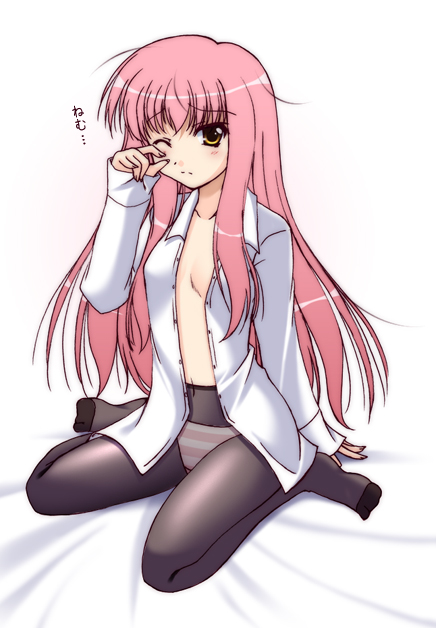 narutaki shin, louise francoise le blanc de la valliere, zero no tsukaima, 00s, 1girl, feet, female focus, flat chest, navel, open clothes, open shirt, panties, panties under pantyhose, pantyhose, pink hair, shirt, sitting, sleepy, solo, striped clothes, striped panties, underwear