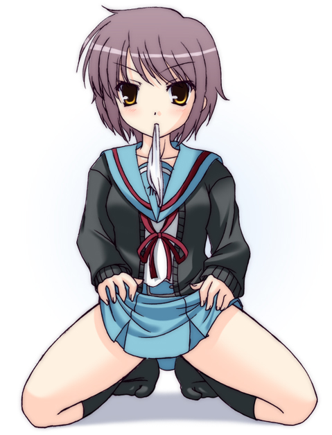 narutaki shin, nagato yuki, suzumiya haruhi no yuuutsu, 00s, cardigan, clothes lift, mouth hold, panties, purple hair, school uniform, serafuku, short hair, skirt, skirt lift, solo, underwear, yellow eyes
